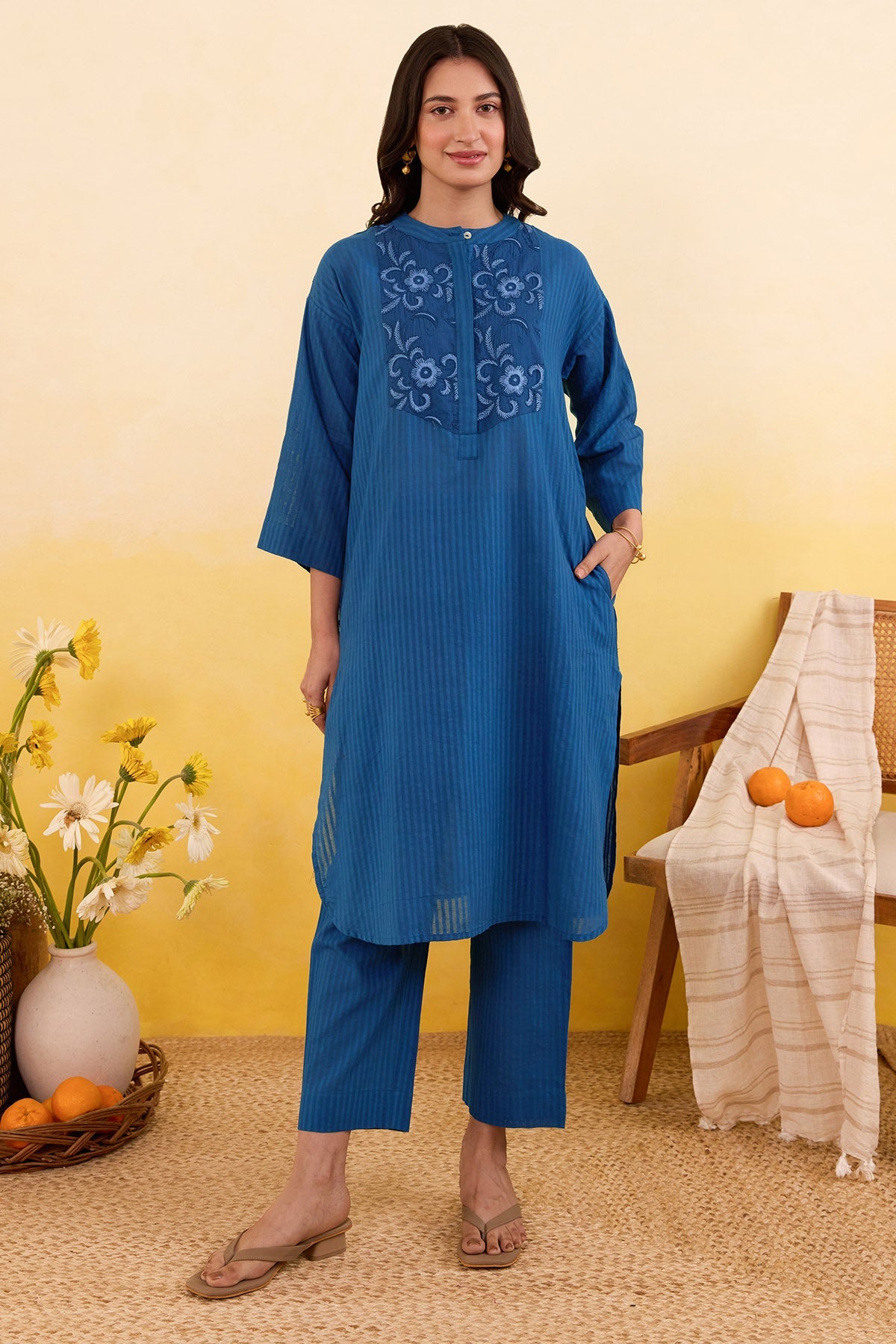 Buy Blue Texture Cotton Kurta Set for women by Taro India online available at scrollnshops