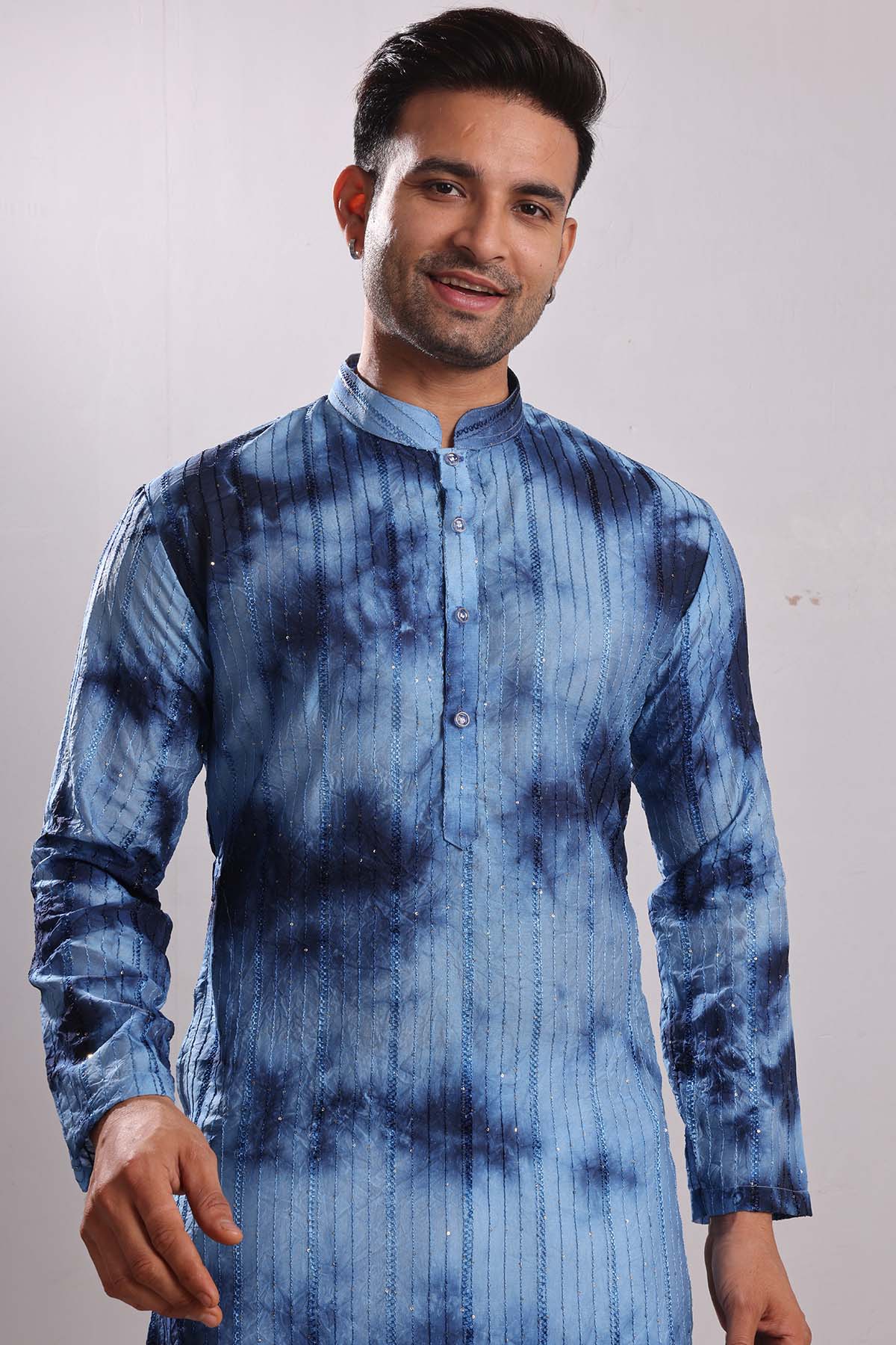 Blue Tie Dye Embroidered Kurta