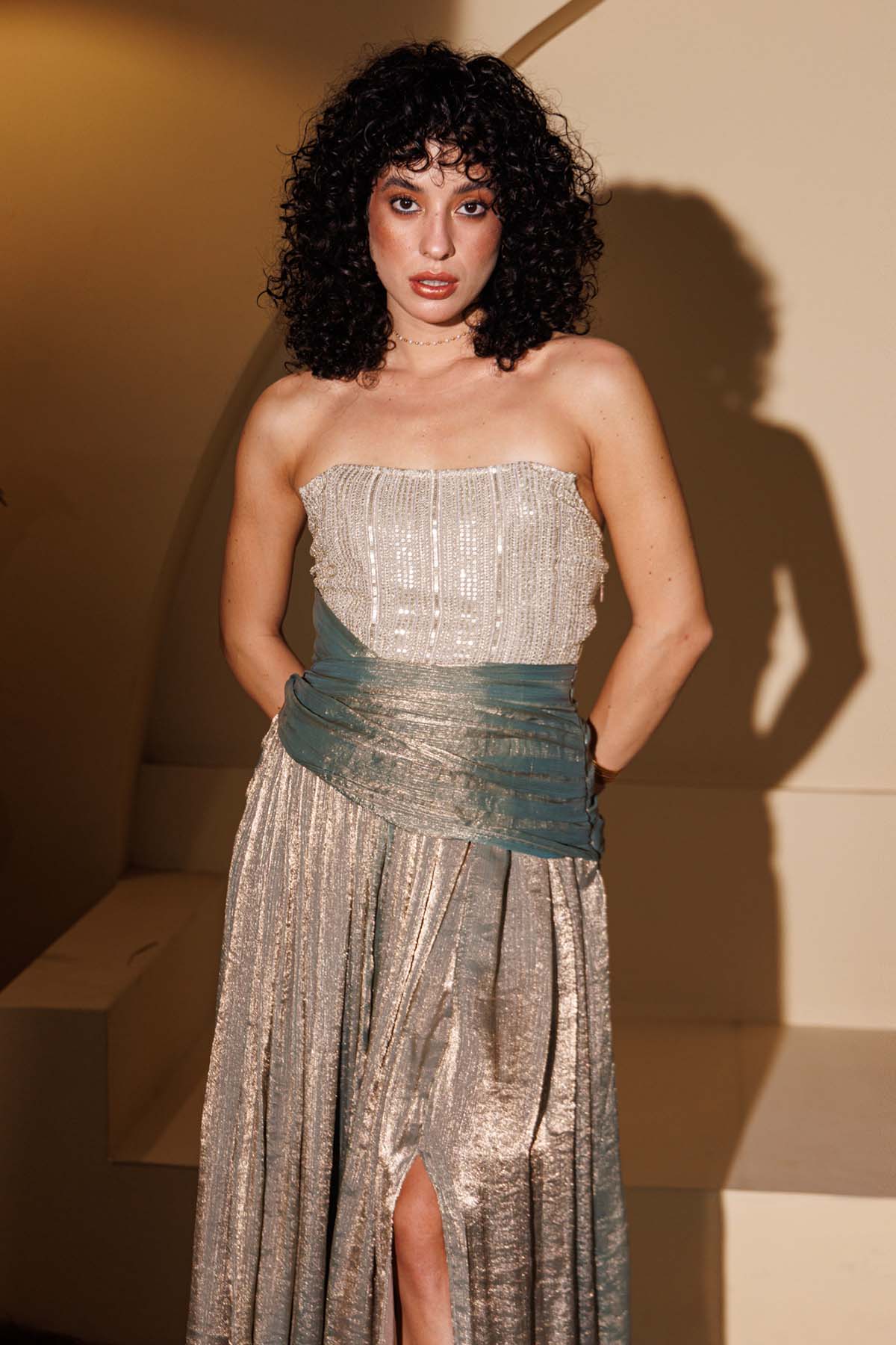 Blue Tissue Strapless Slit Gown