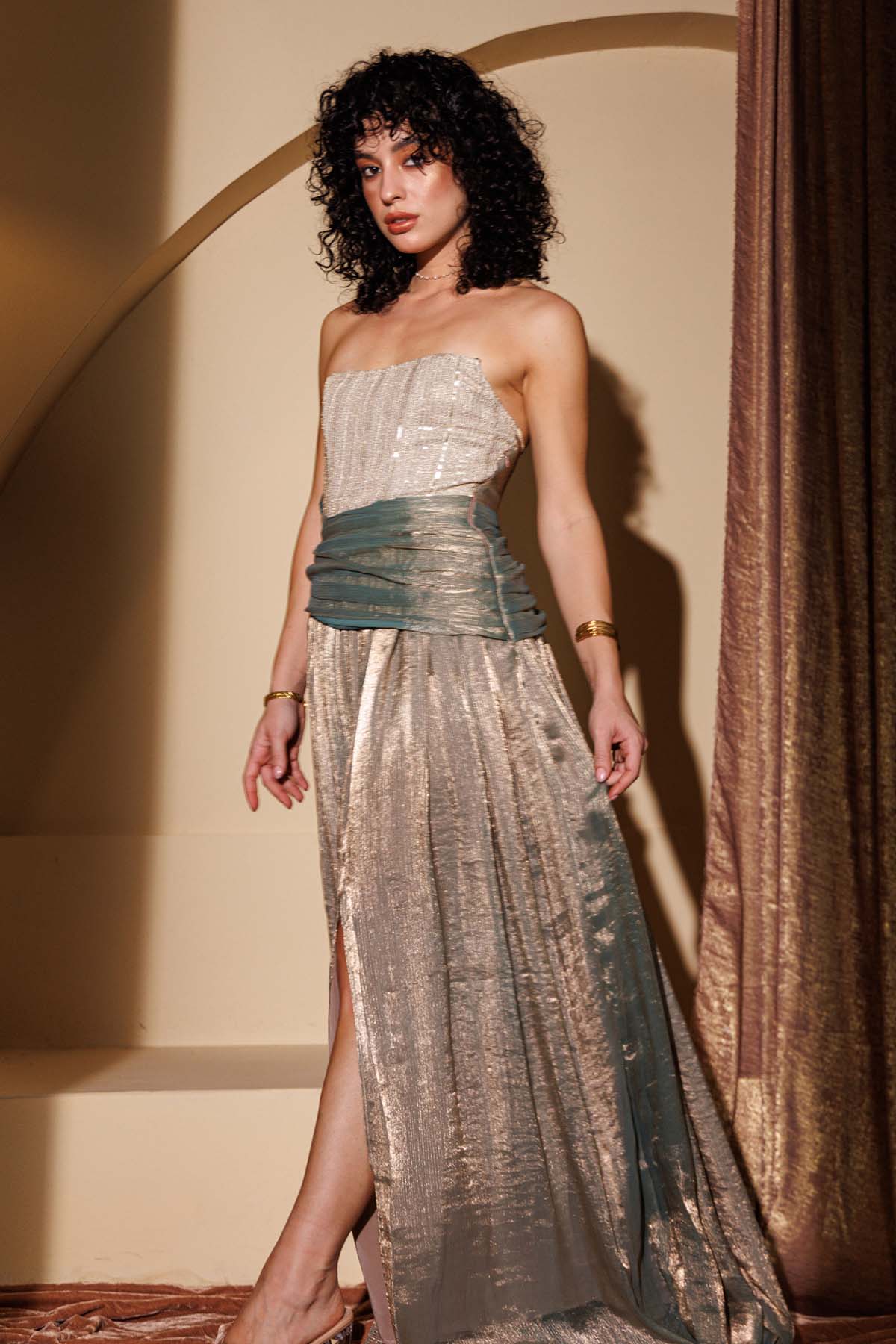 Blue Tissue Strapless Slit Gown