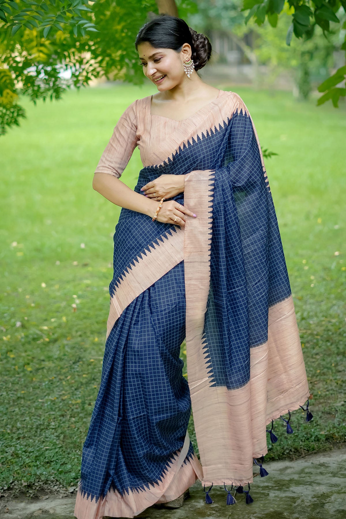Blue Tussar Silk Checked Saree