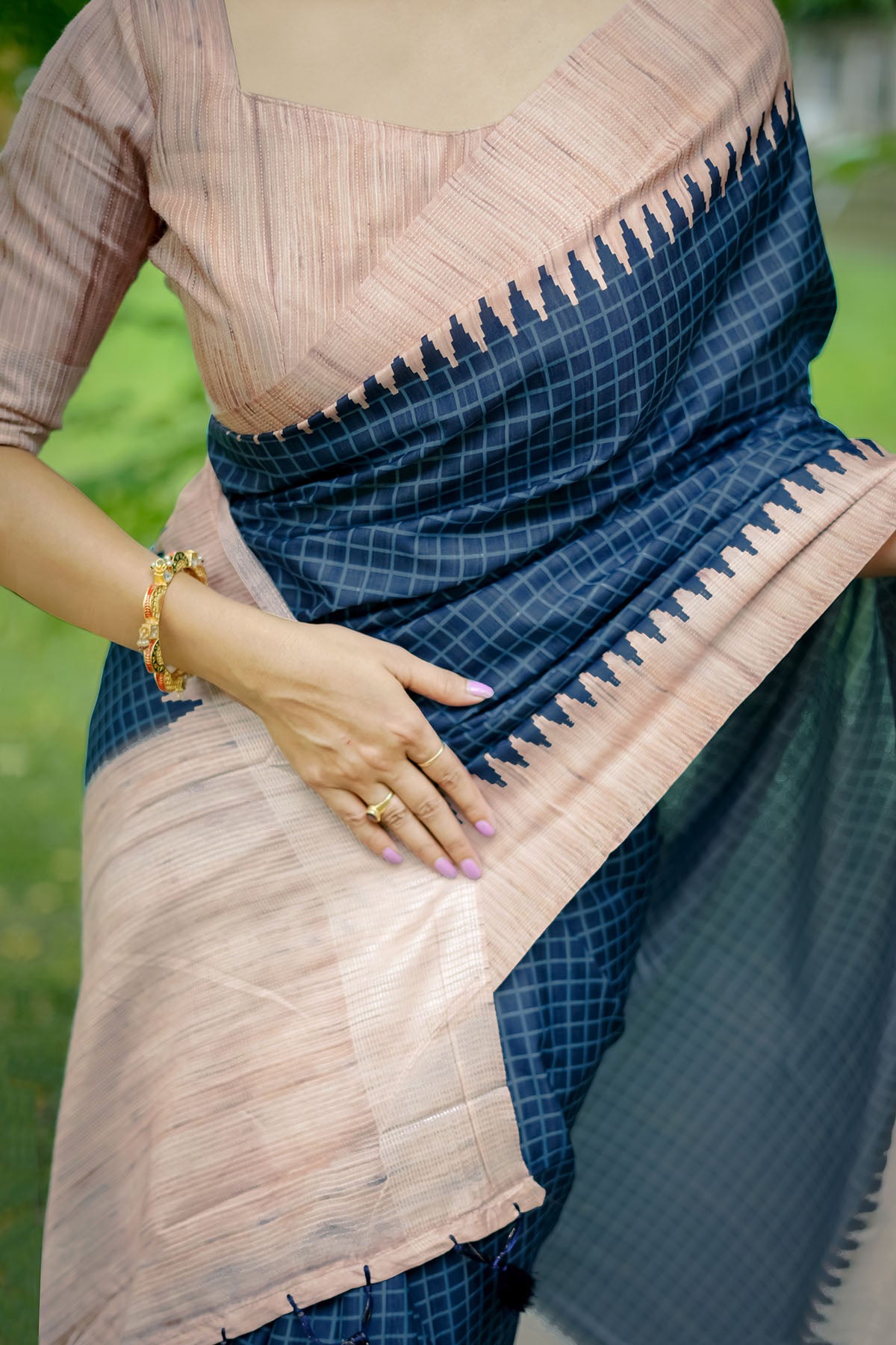 Blue Tussar Silk Checked Saree