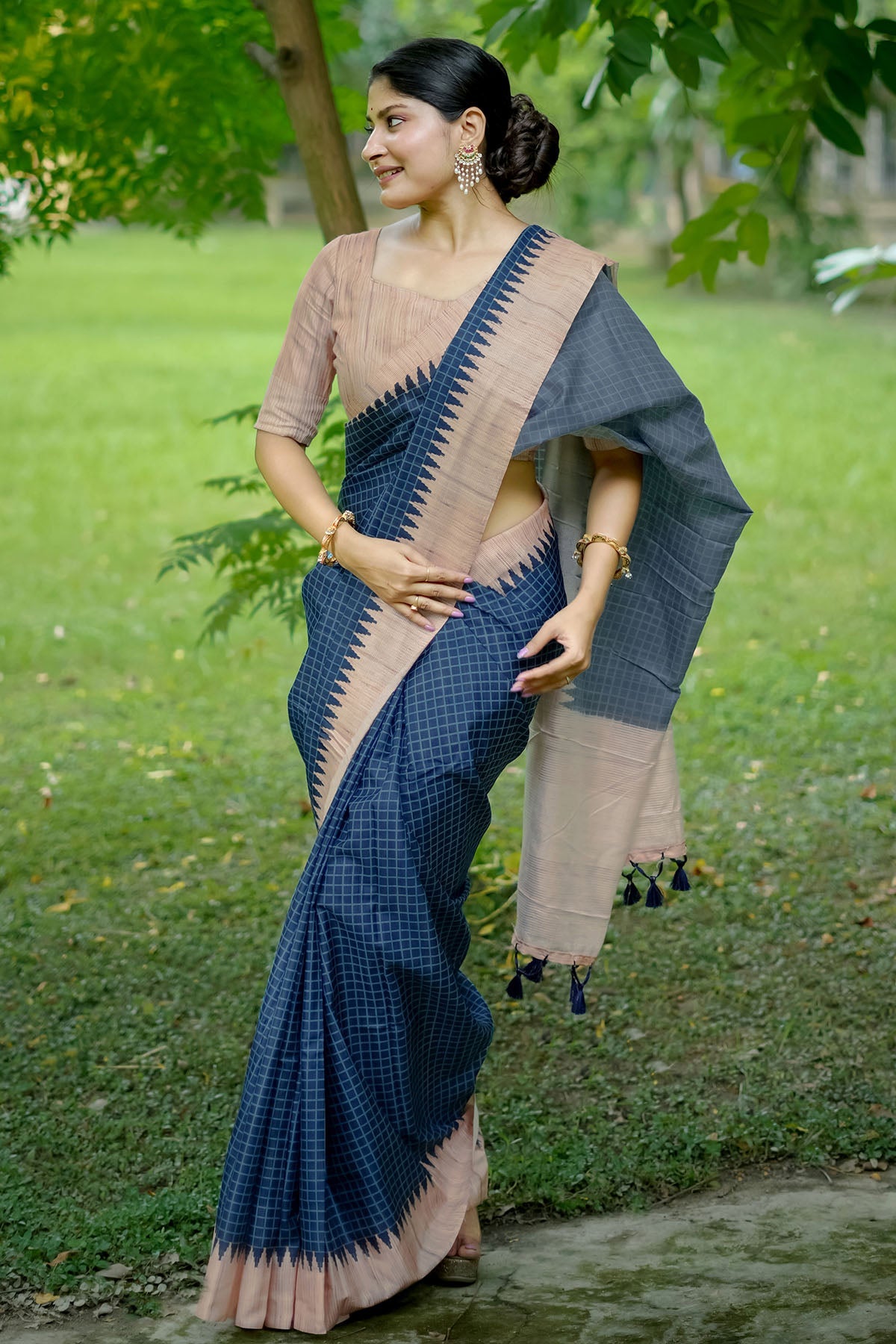 Buy Blue Tussar Silk Checked Saree by Lili Lala for women online at ScrollnShops
