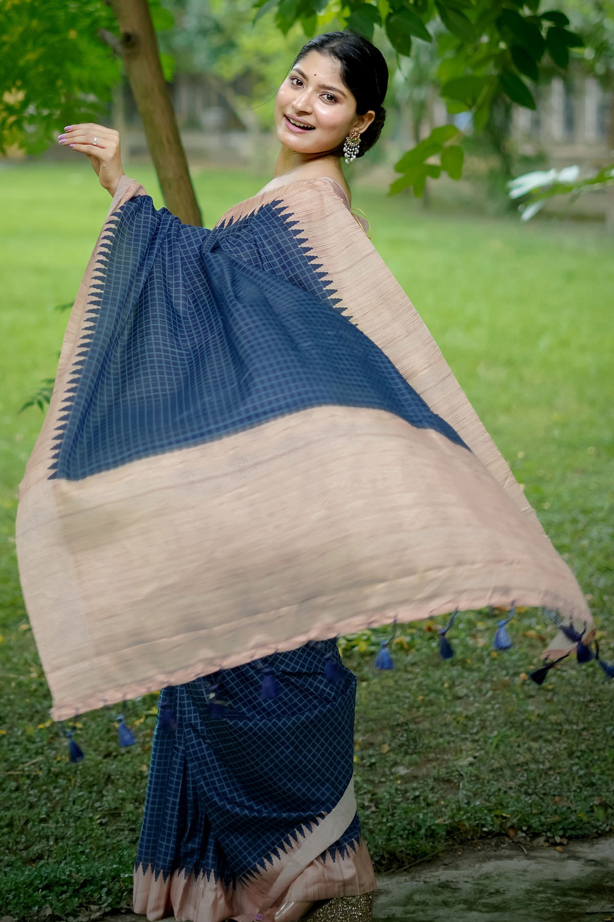 Blue Tussar Silk Checked Saree