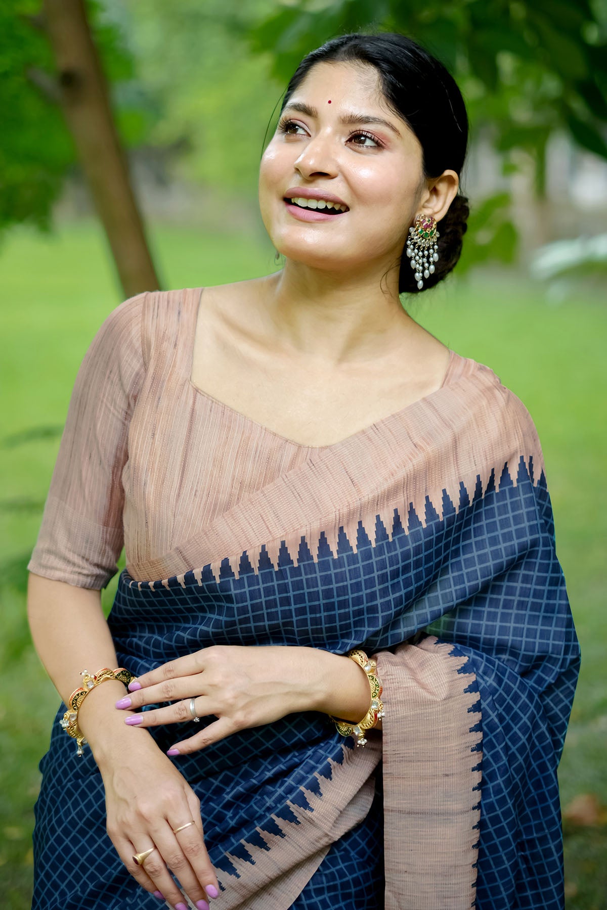 Blue Tussar Silk Checked Saree