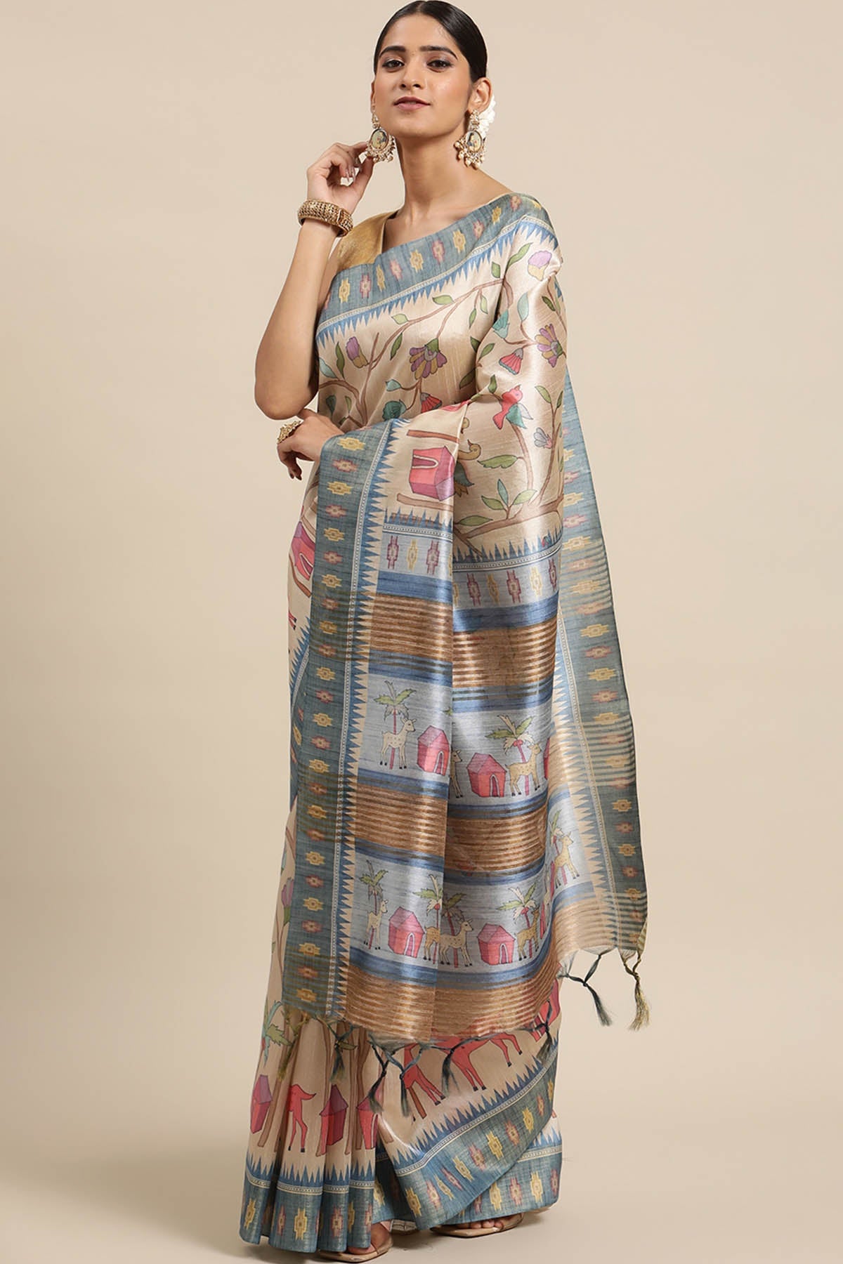 Buy Blue Tussar Silk Printed Saree by Lili Lala for women online at ScrollnShops