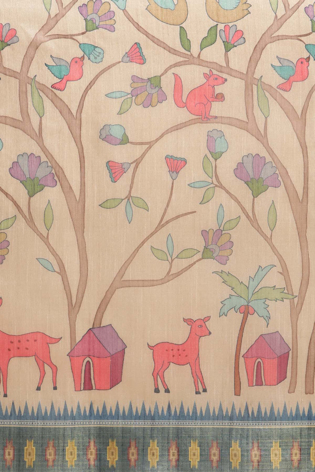 Blue Tussar Silk Printed Saree