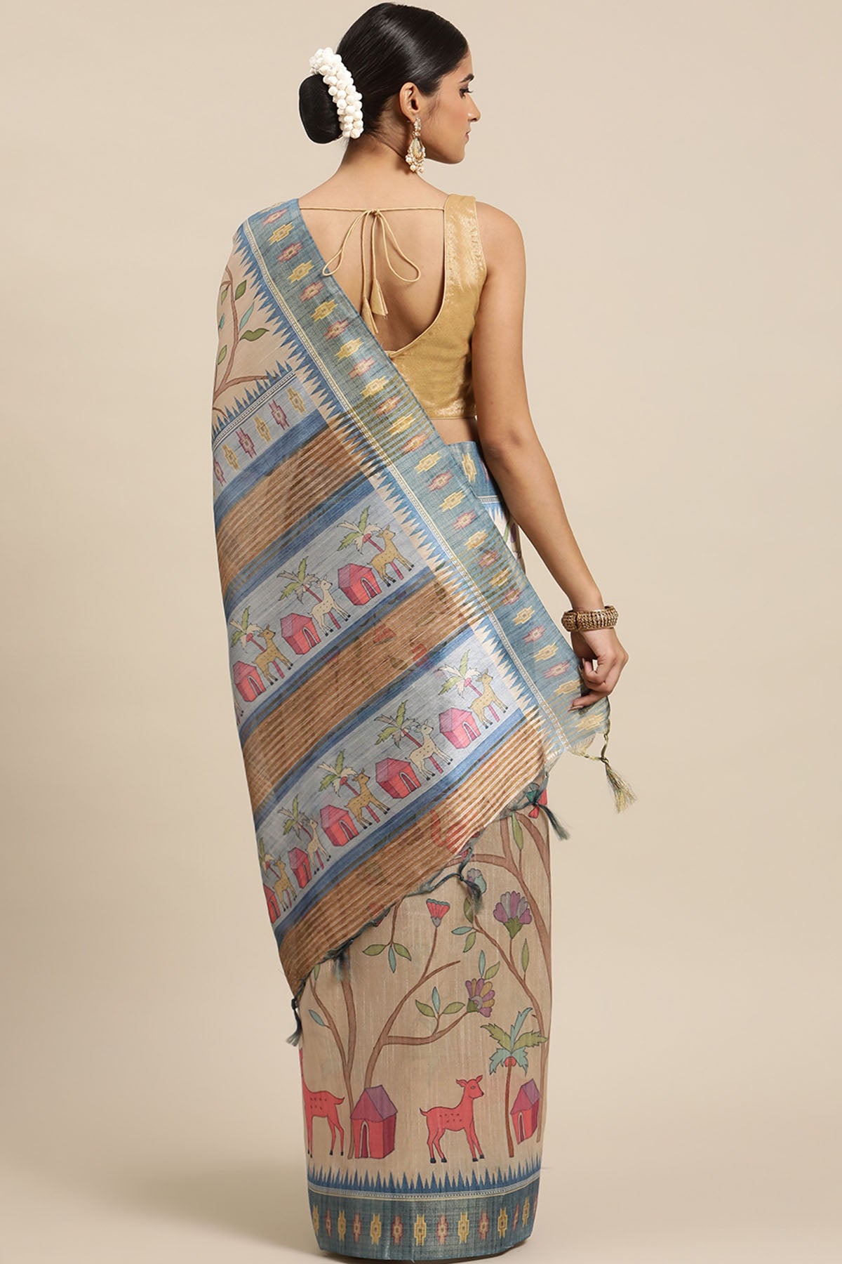 Blue Tussar Silk Printed Saree
