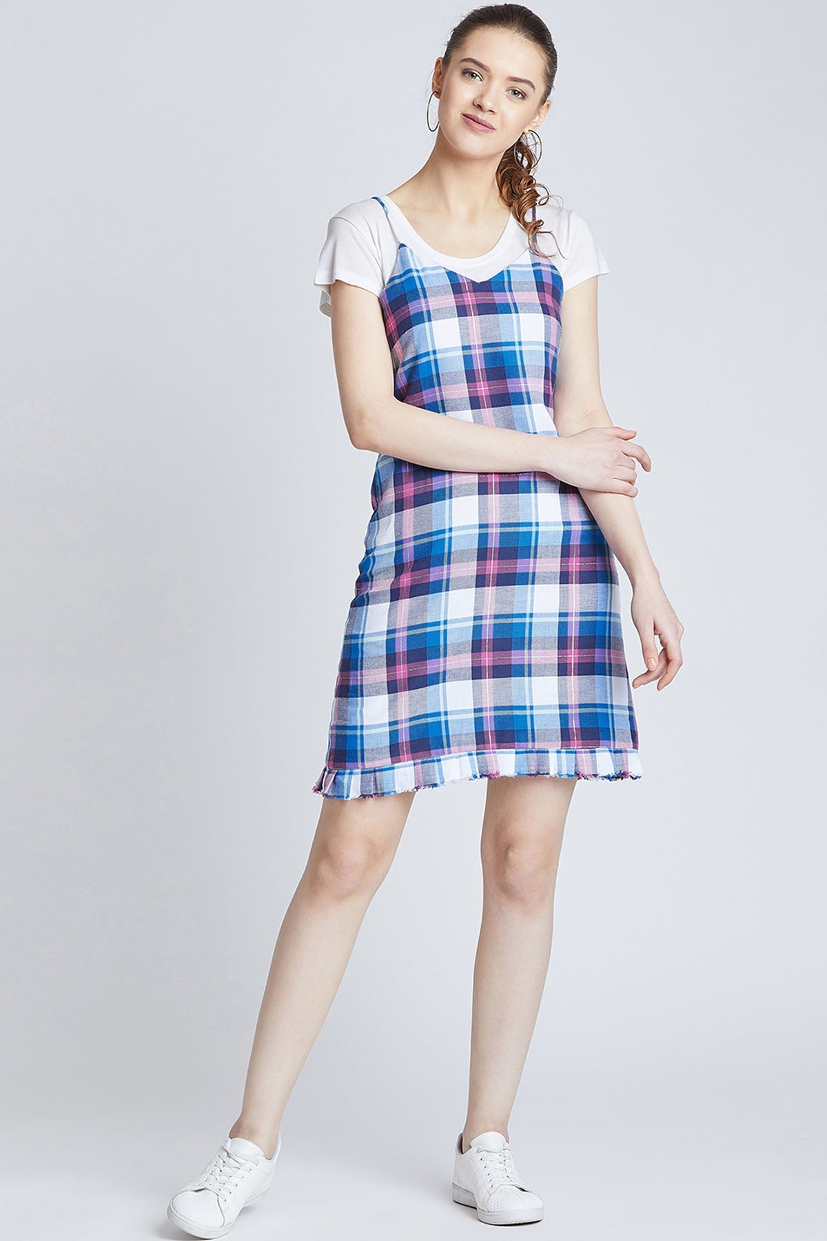 Bohobi Blue Tweed Checkered Dress For Women Online at ScrollnShops