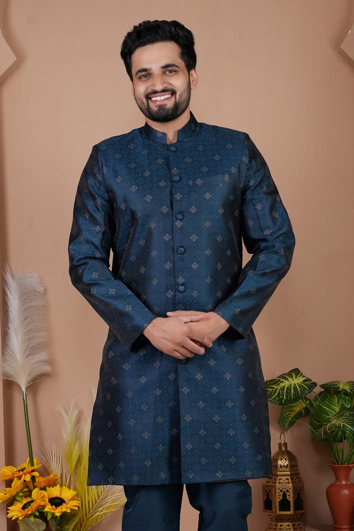 Blue Two Tone Silk Sherwani Set