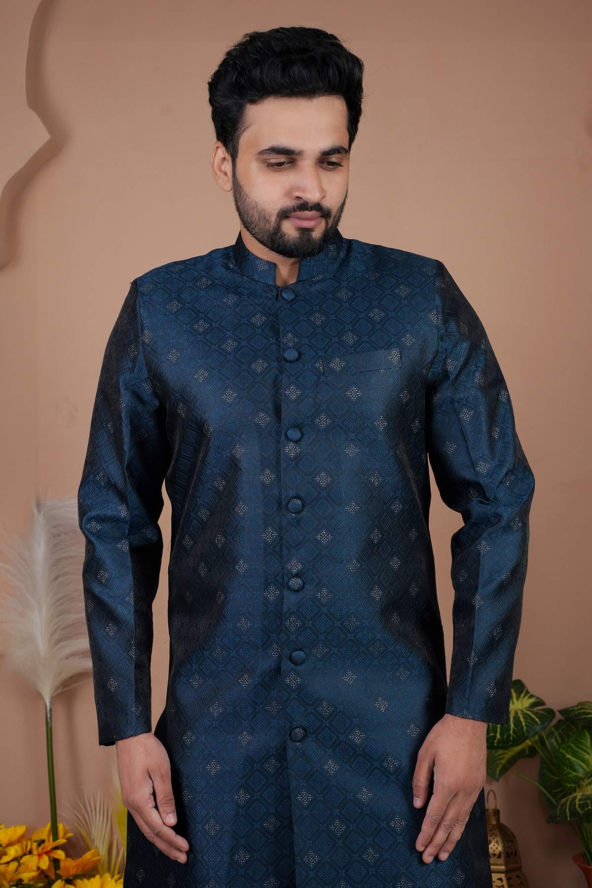 Blue Two Tone Silk Sherwani Set