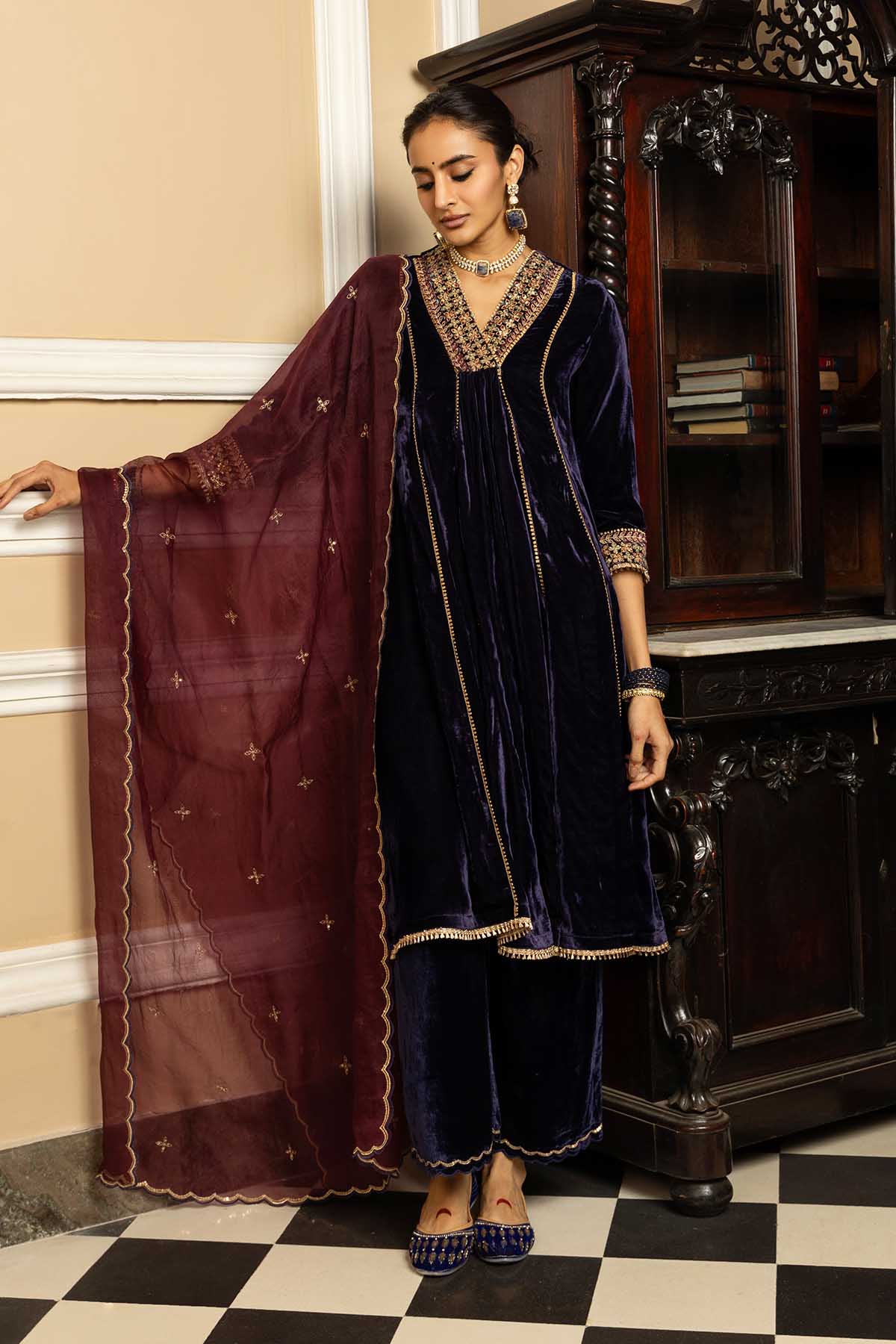 Buy Blue V-Neck A-Line Kurta Set by Dohr India for women online at ScrollnShops