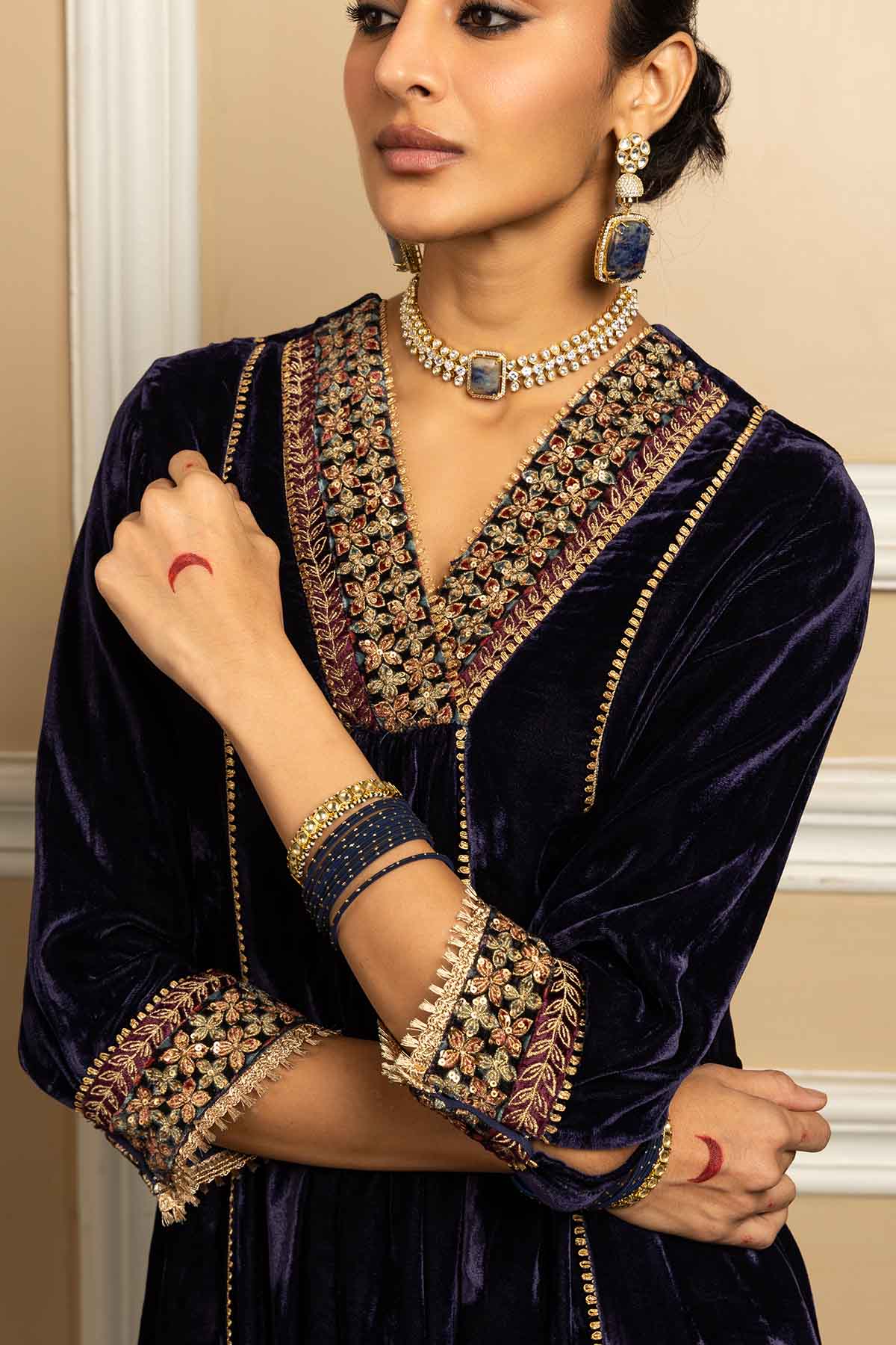 Blue V-Neck A-Line Kurta Set