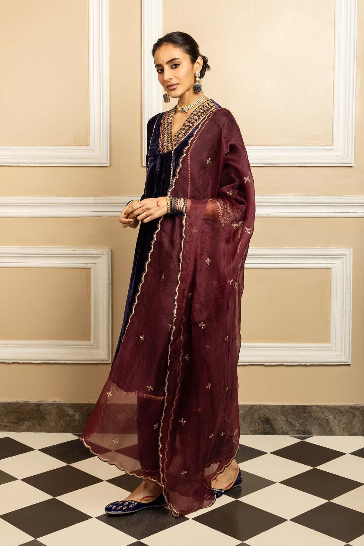 Blue V-Neck A-Line Kurta Set