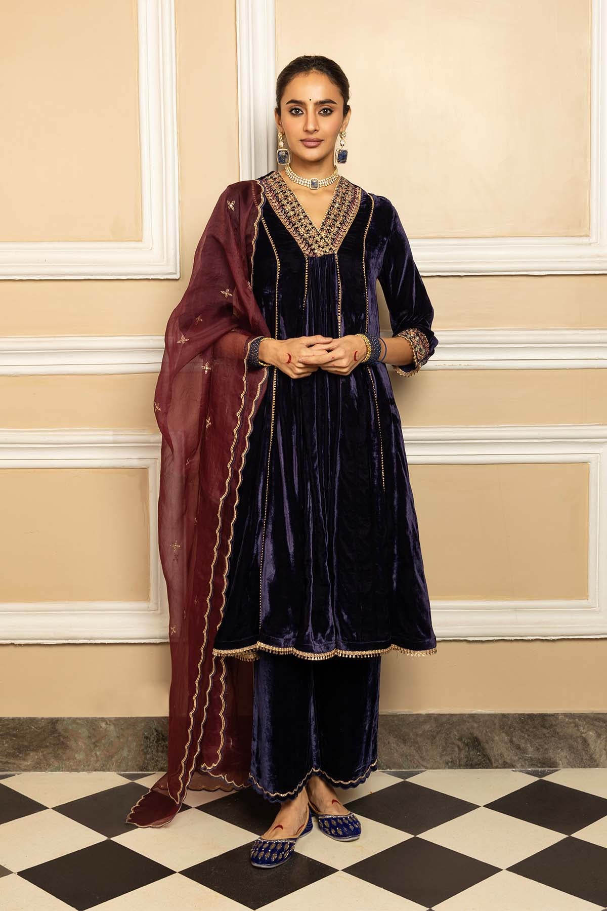 Blue V-Neck A-Line Kurta Set