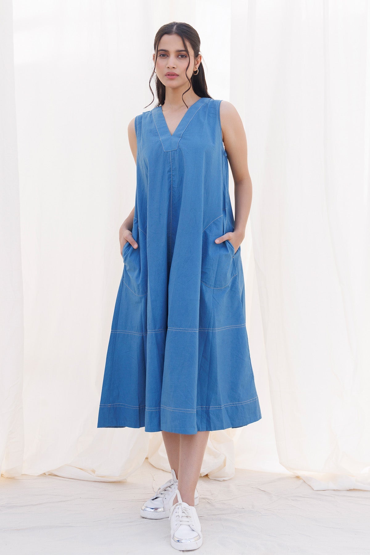 Buy Blue V-Neck Pocket Midi Dress by Label Surabhi Raj for women online at ScrollnShops