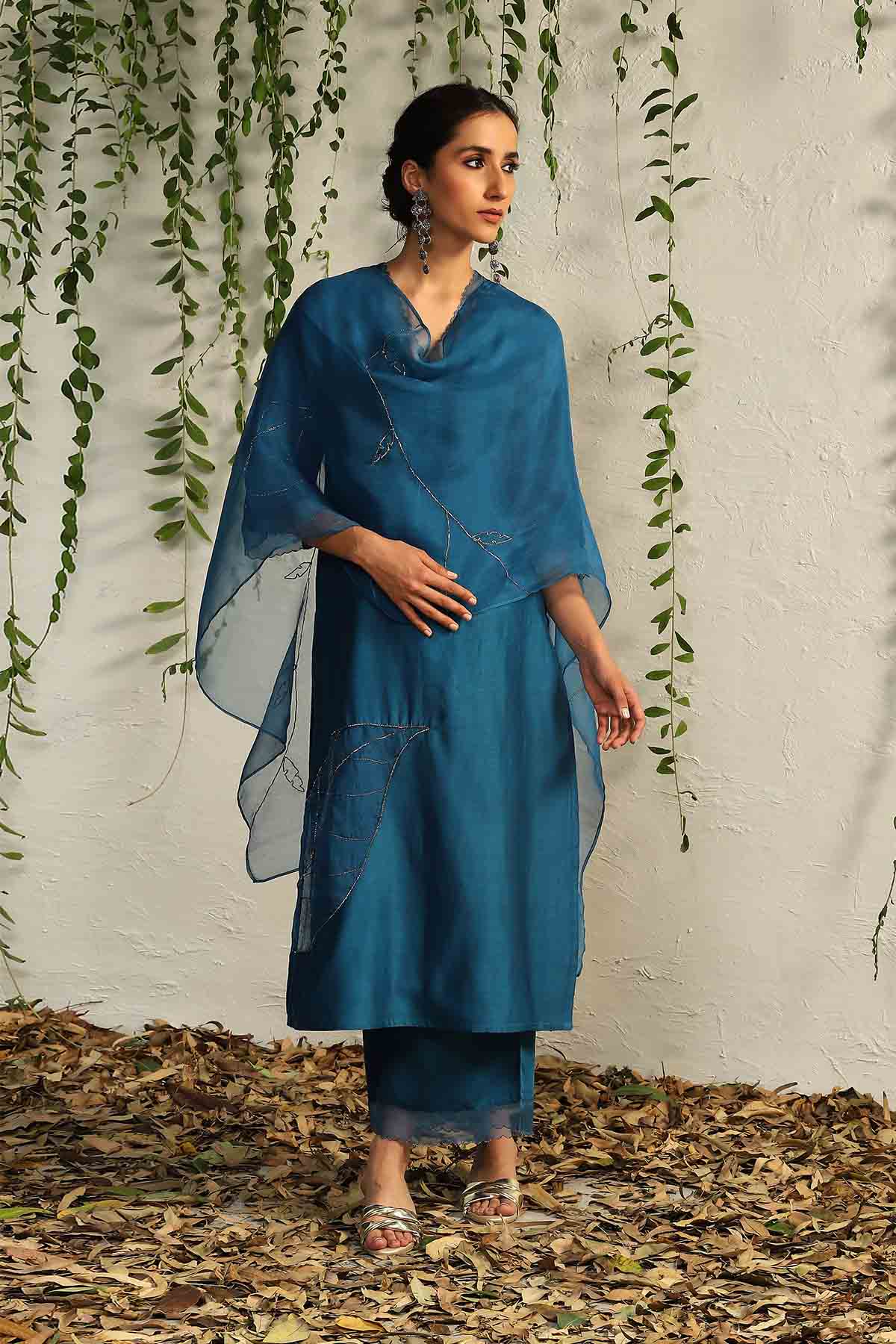 Blue V-Neck Straight Kurta Set