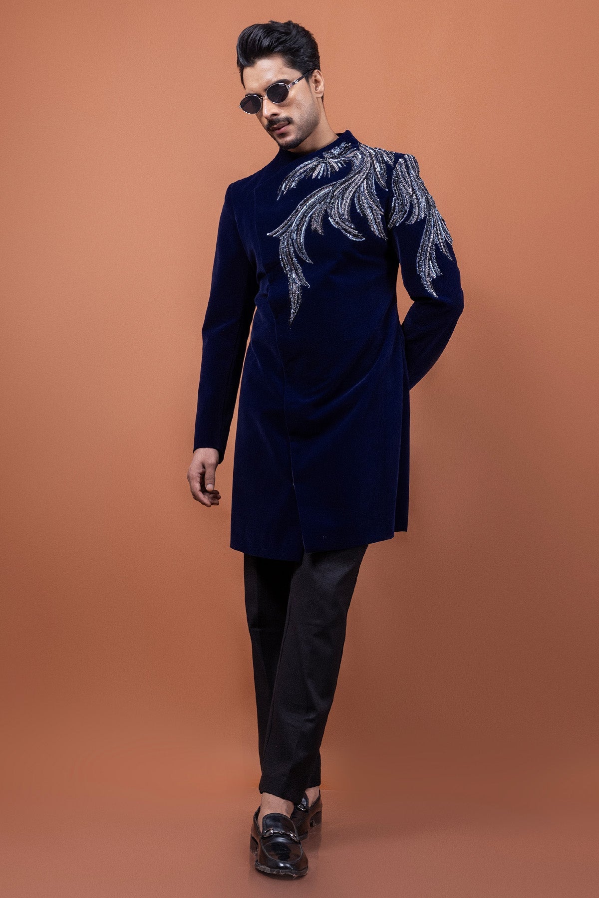Buy Blue Velvet Dabka Work Jacket for men by Paarsh Atelier online available at scrollnshops