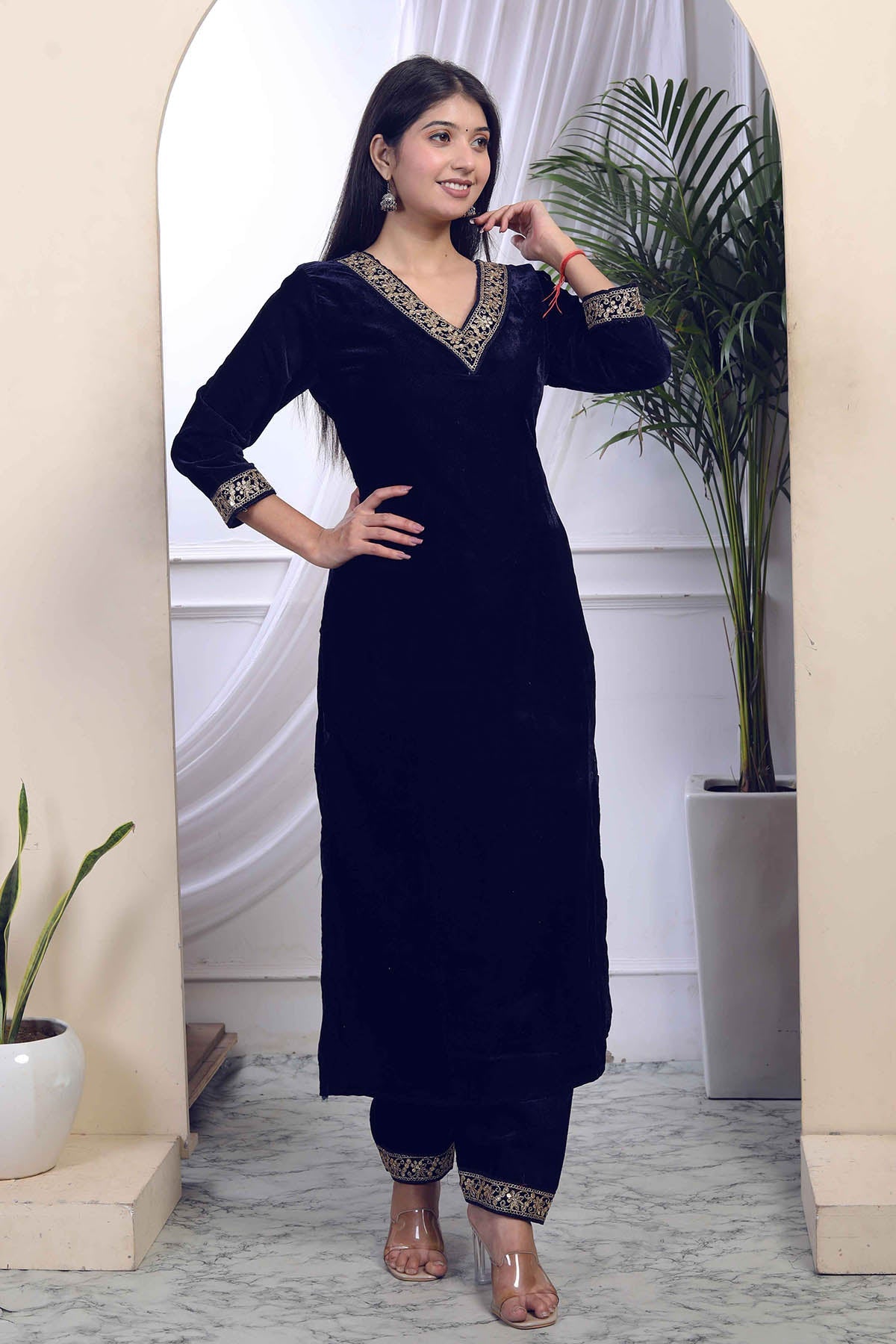 Buy Blue Velvet Kurta & Palazzo by Miravan for women online at ScrollnShops