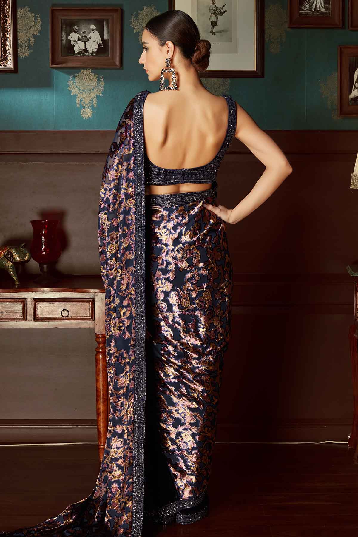 Blue Velvet Pre-Draped Saree