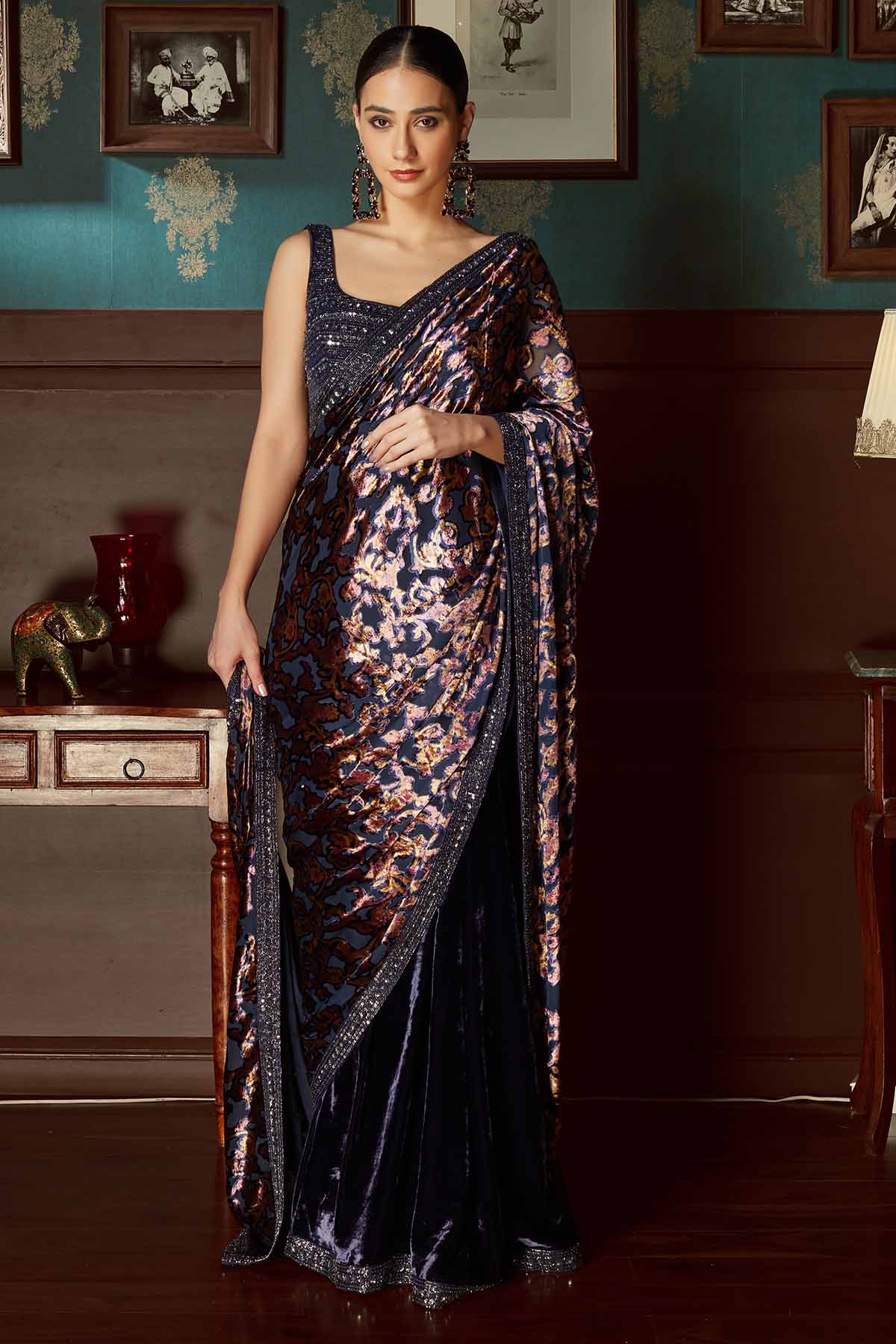 Blue Velvet Pre-Draped Saree