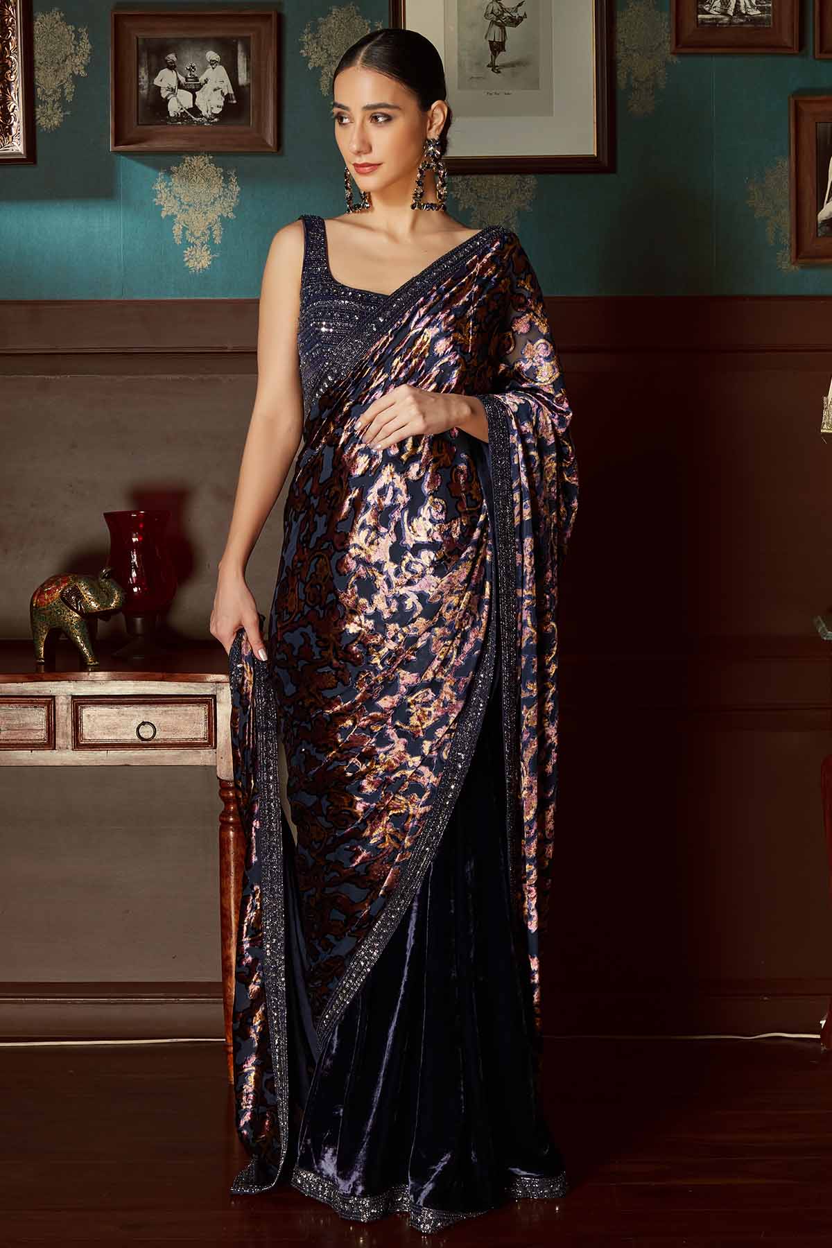 Priyanka Jain Blue Velvet Pre-Draped Saree for women online at ScrollnShops