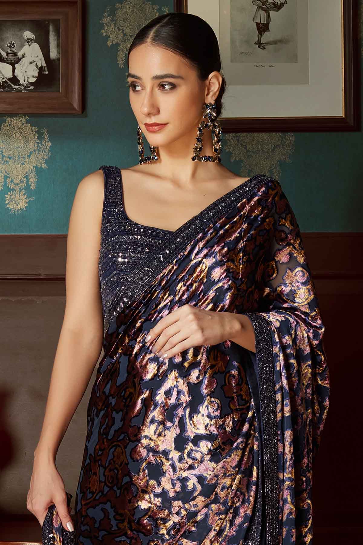 Blue Velvet Pre-Draped Saree