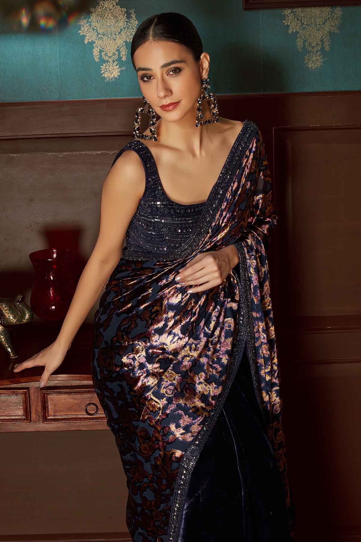 Blue Velvet Pre-Draped Saree