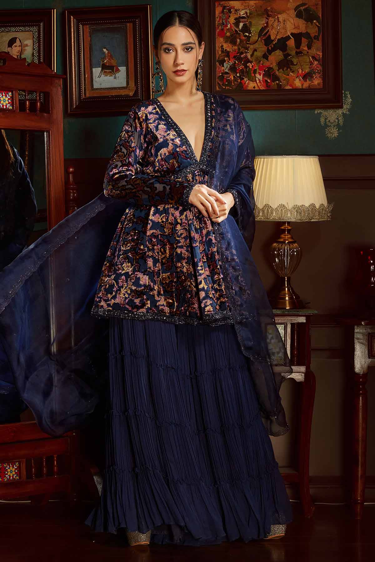 Blue Velvet Printed Sharara Set