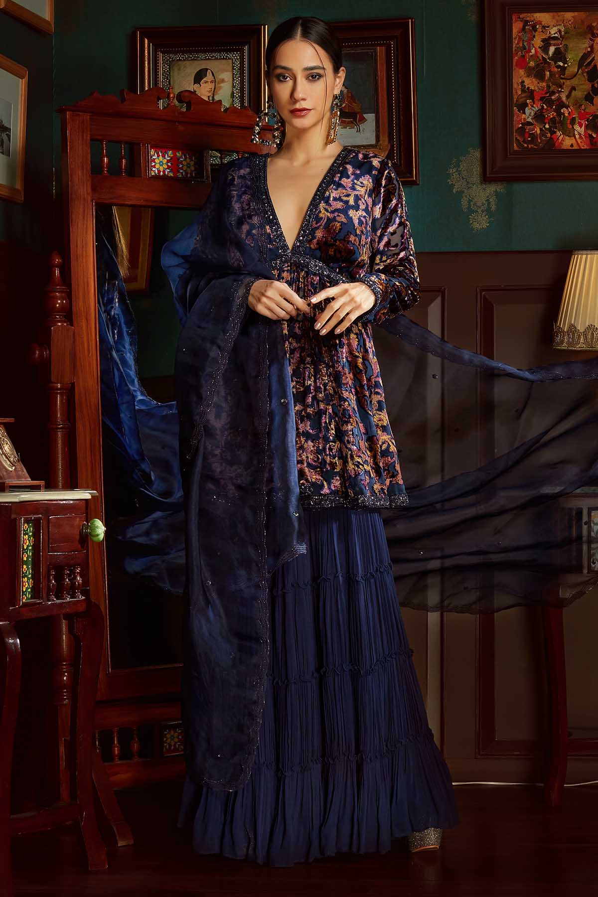 Priyanka Jain Blue Velvet Printed Sharara Set for women online at ScrollnShops