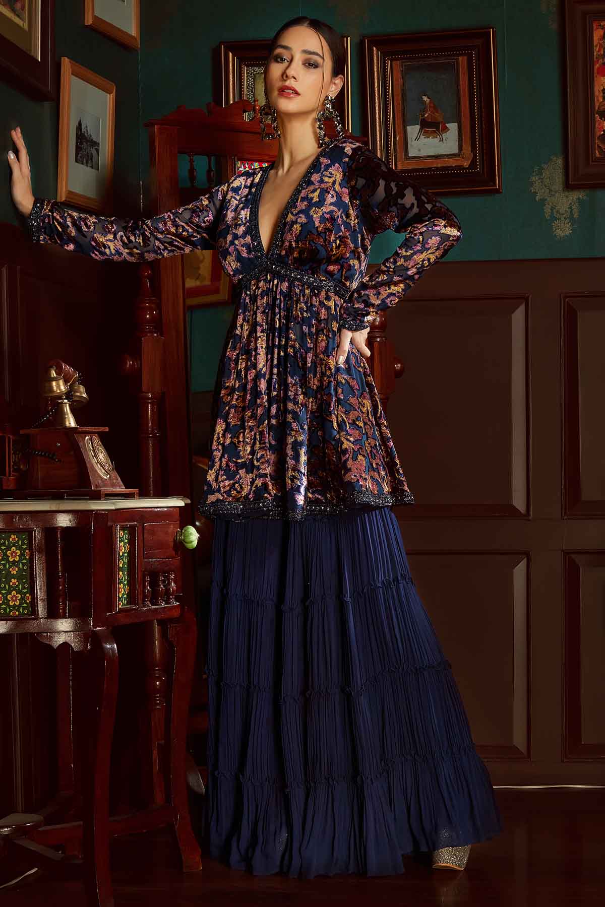 Blue Velvet Printed Sharara Set
