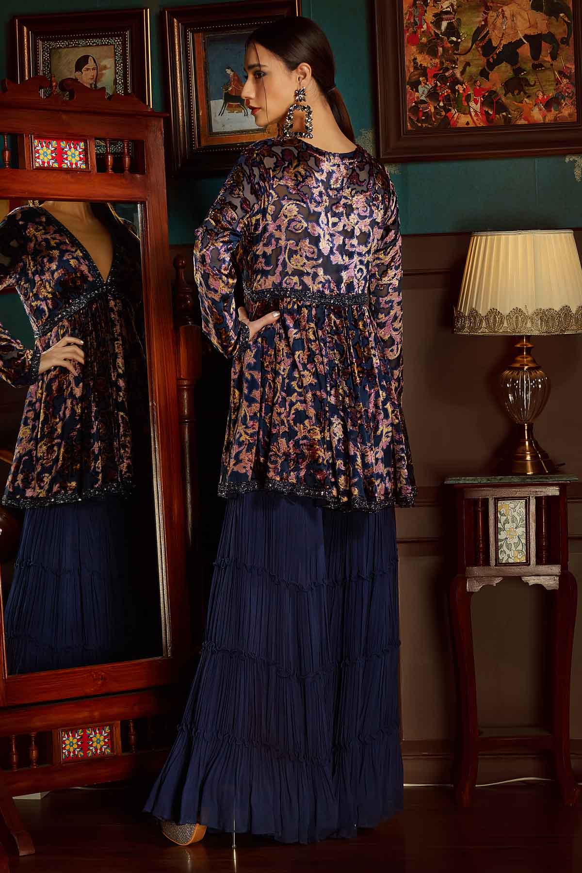 Blue Velvet Printed Sharara Set