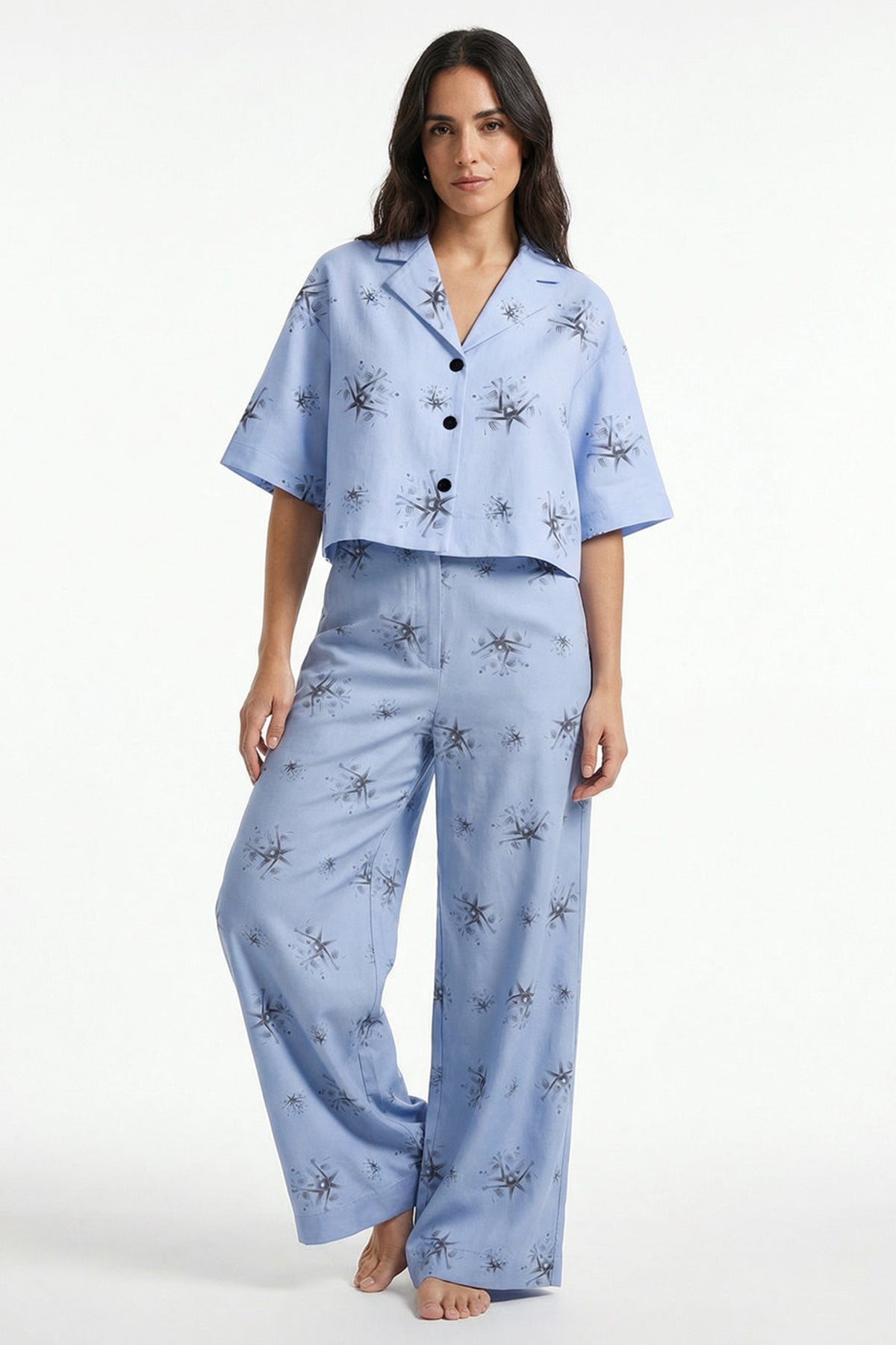 Blue Viscose Blend Crop Shirt