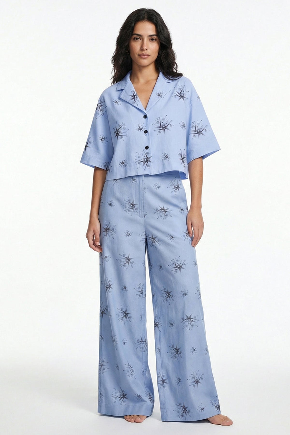 Blue Viscose Blend Crop Shirt