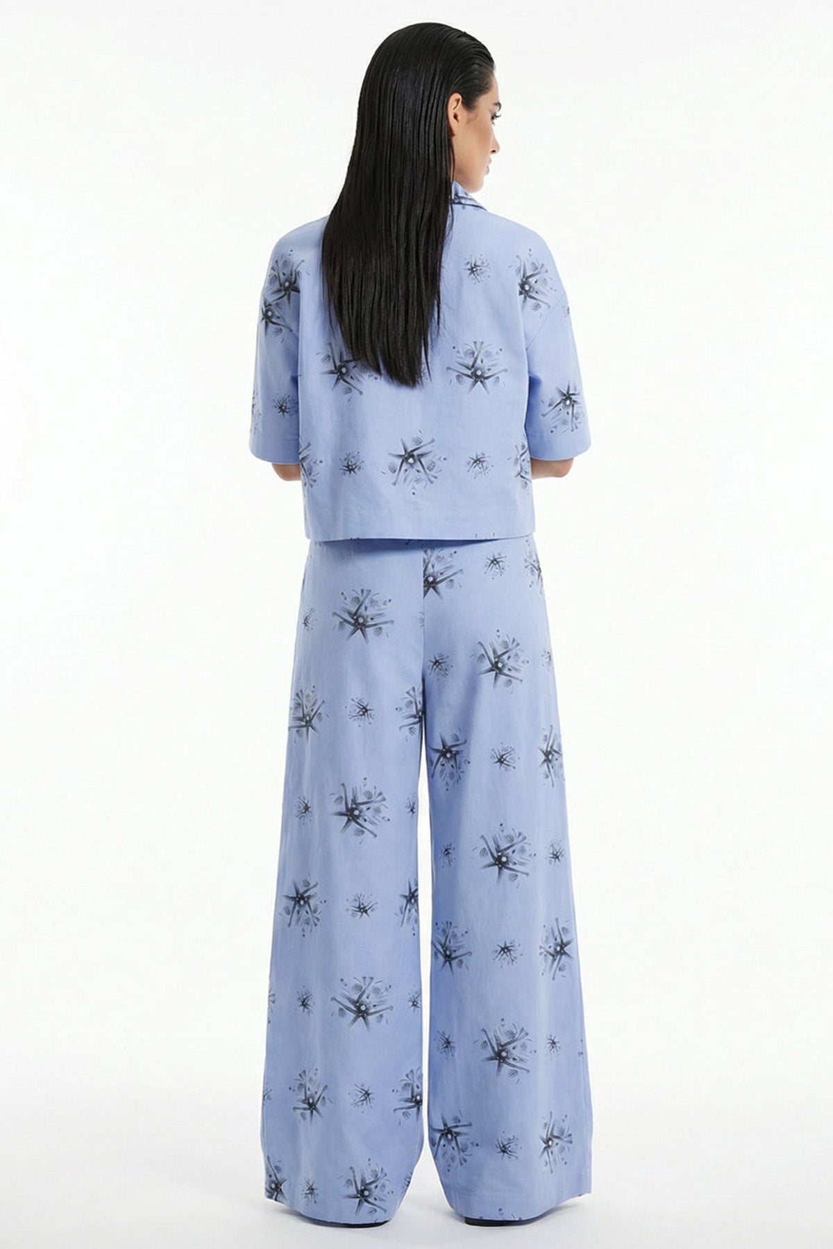 Blue Viscose Blend Wide Pant