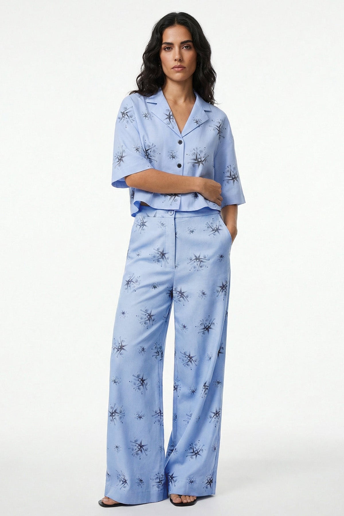 Blue Viscose Blend Wide Pant