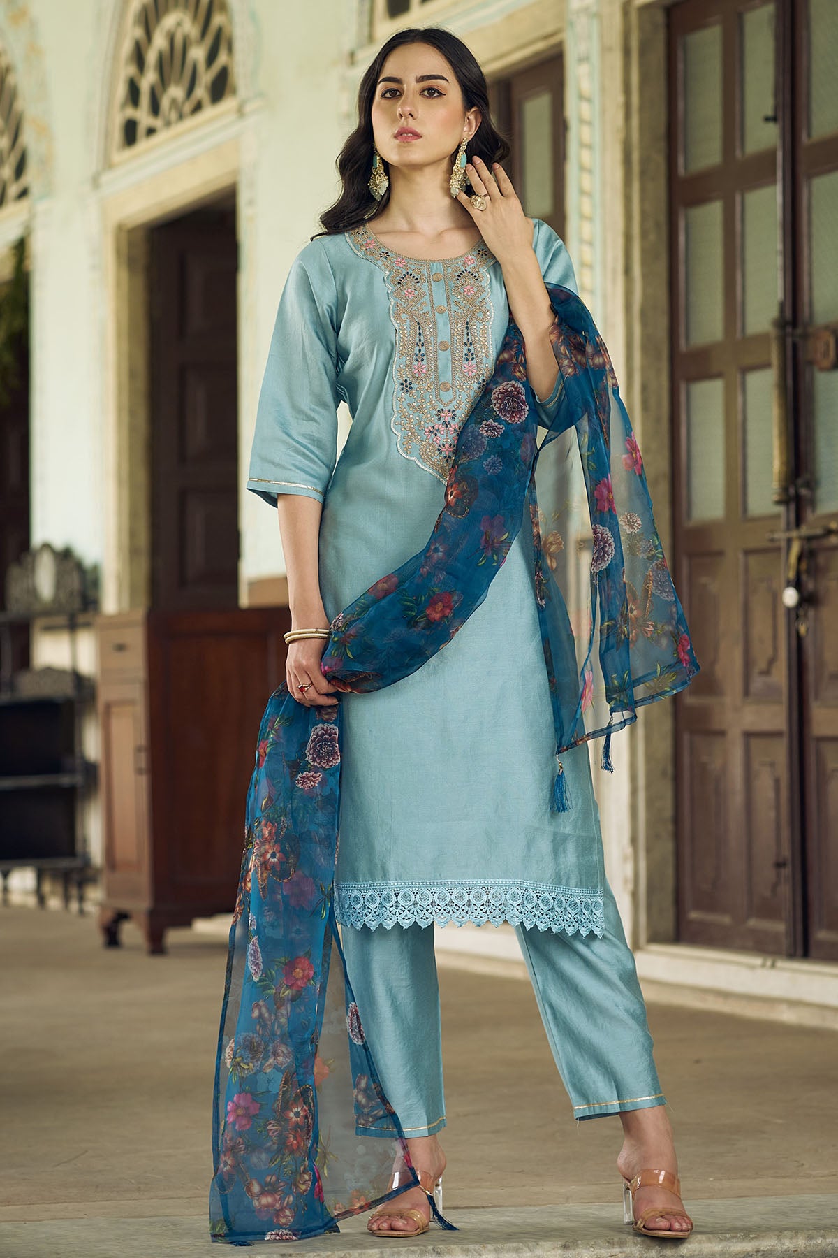 Blue Viscose Rayon Kurta Set