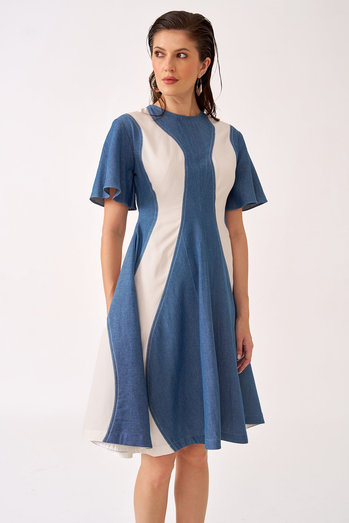 Blue & White Color Block Dress