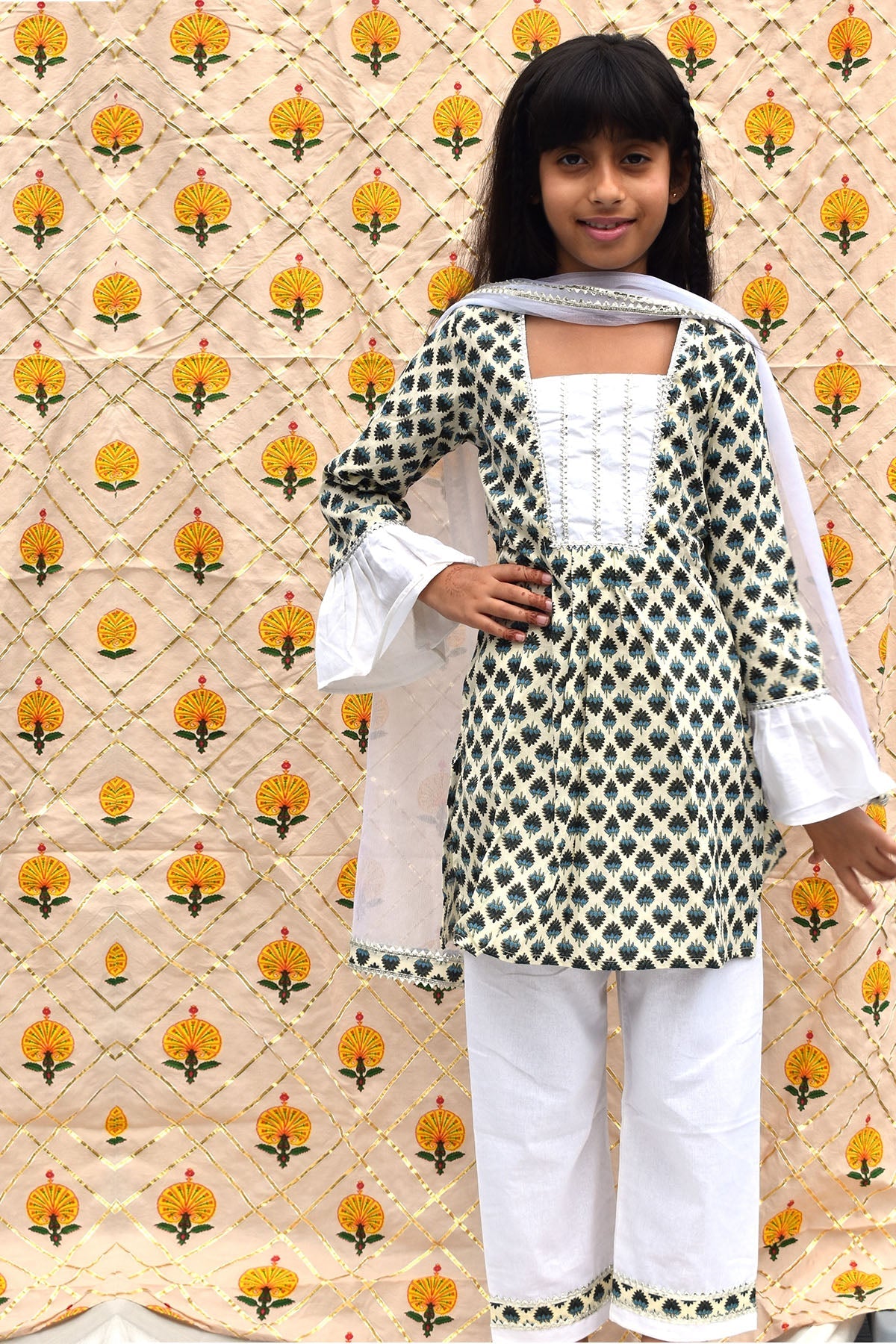 Buy Blue & White Cotton Kurta Set for Kids by ViYa online available at scrollnshops