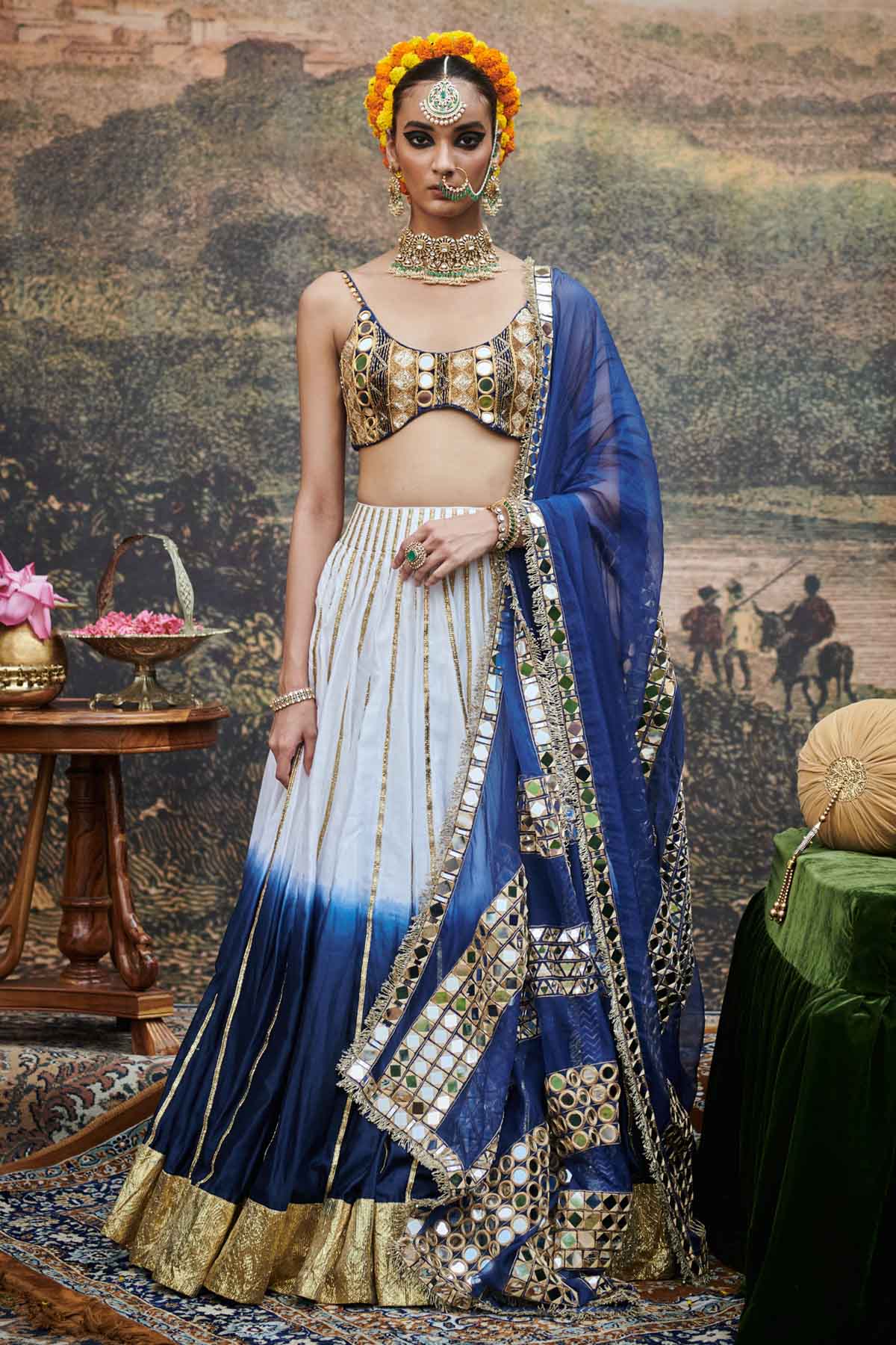 Buy ITRH, Designer Blue & White Gota Lehenga Set Online