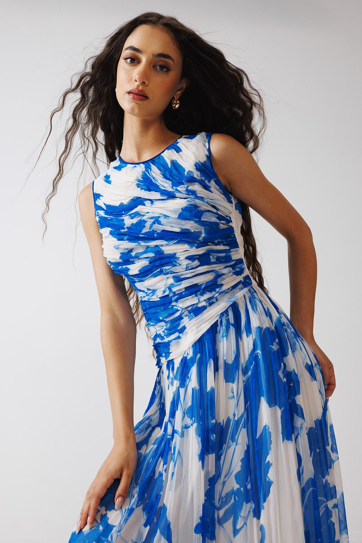 Blue & White Print Maxi Dress