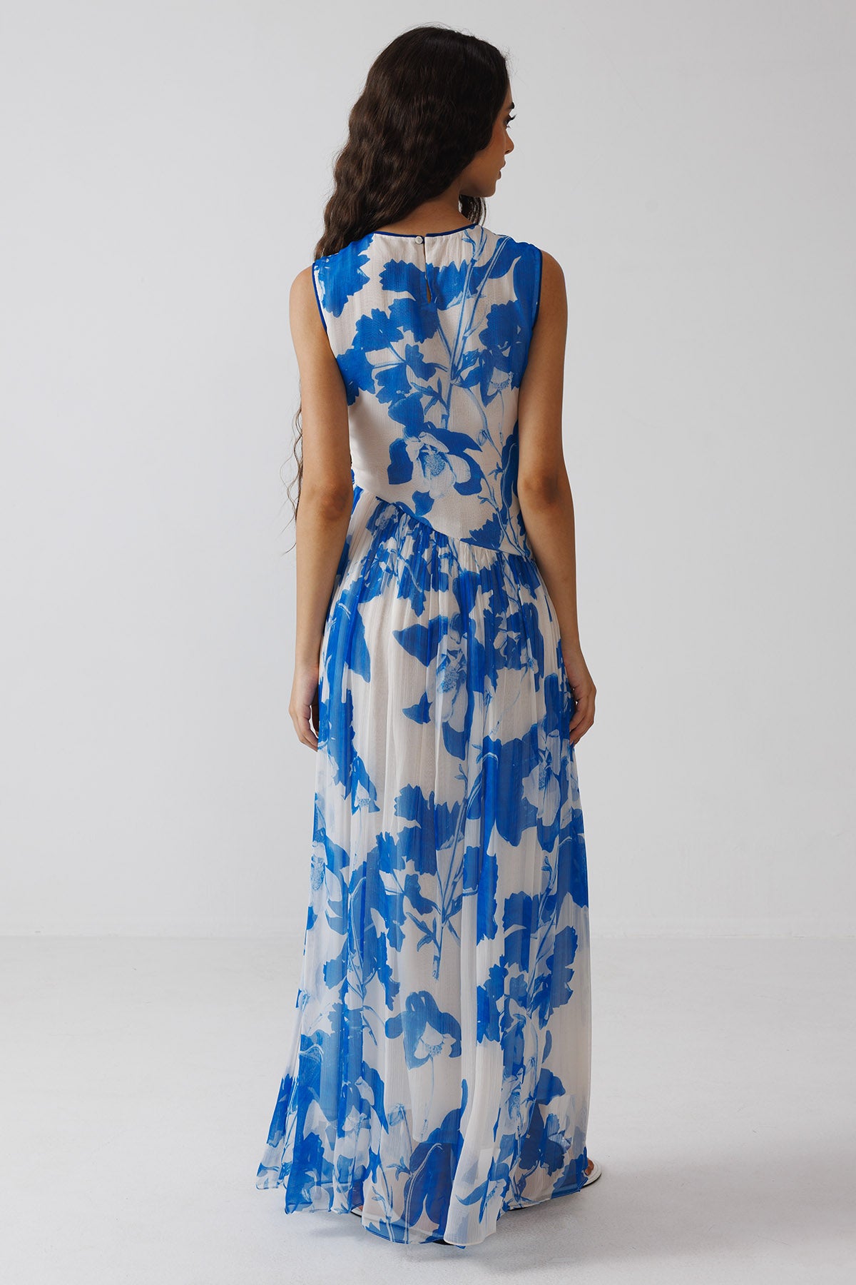 Blue & White Print Maxi Dress