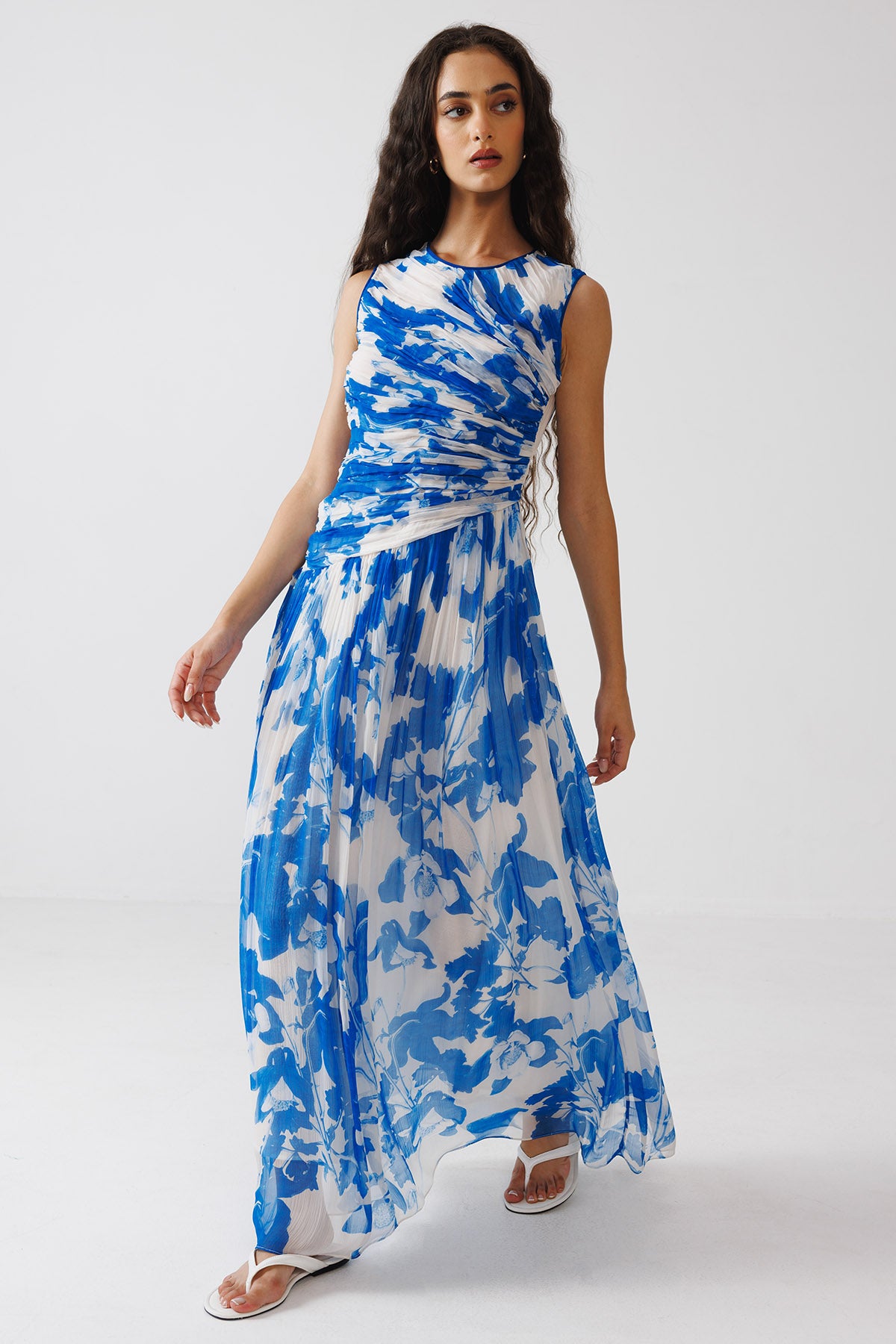 Blue & White Print Maxi Dress