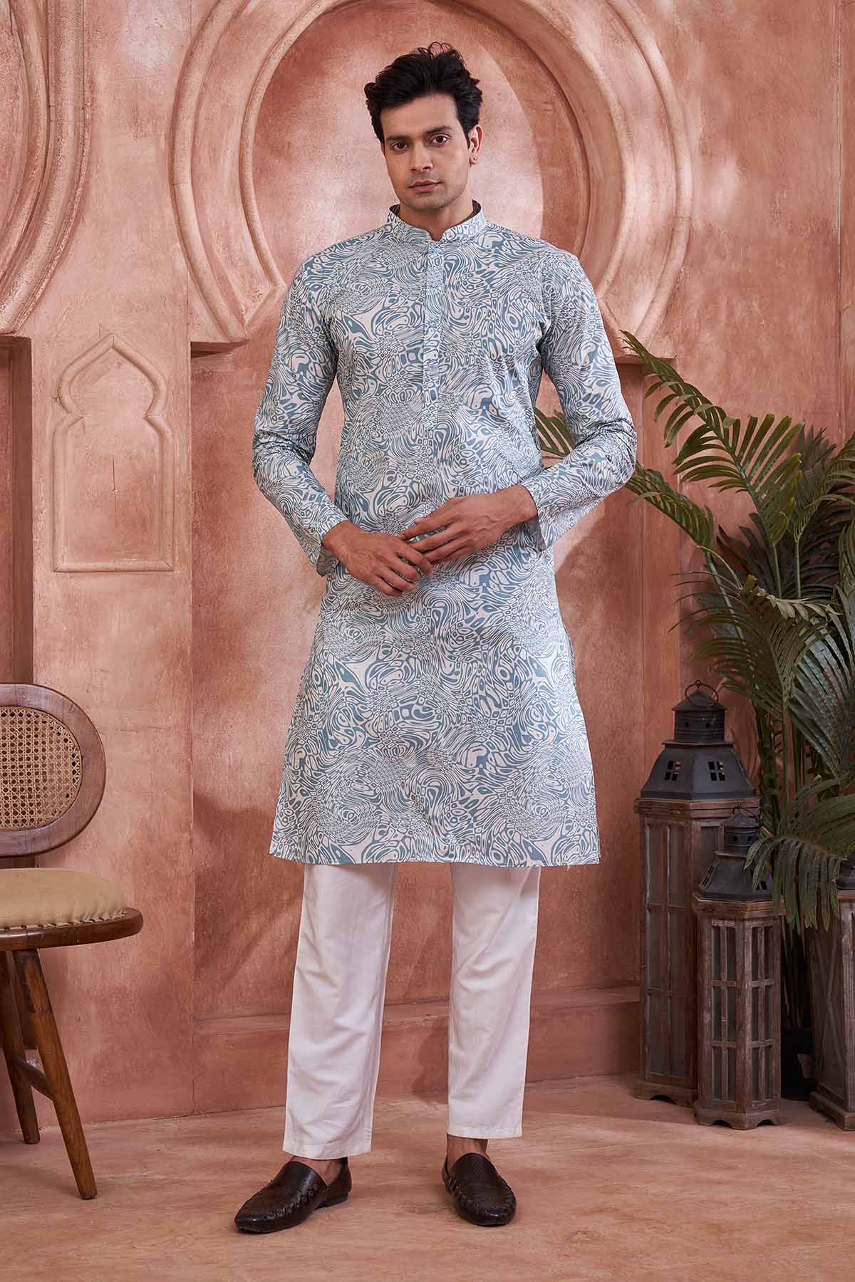 Buy Blue White Printed Cotton Kurta by SNEHA B - Men for online at ScrollnShops