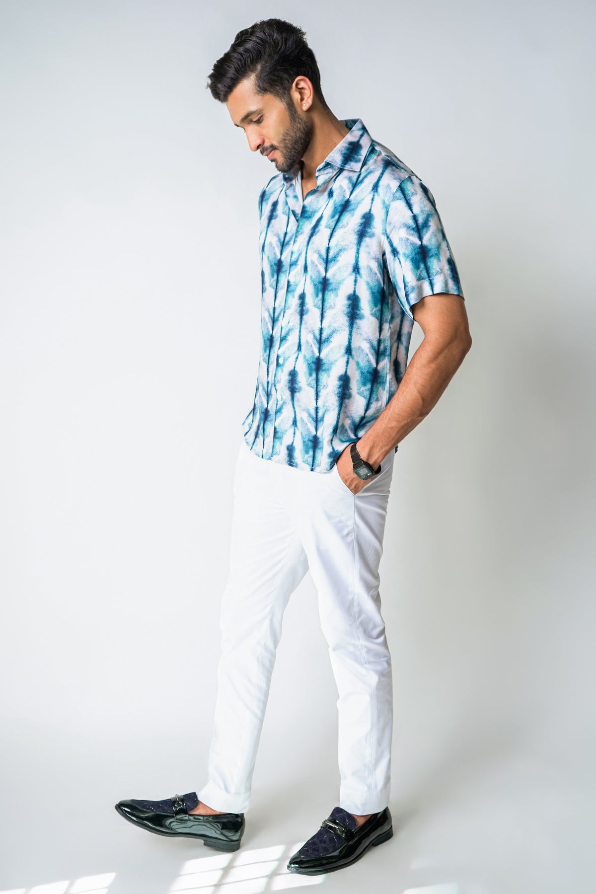 Blue White Tie Dye Print Shirt