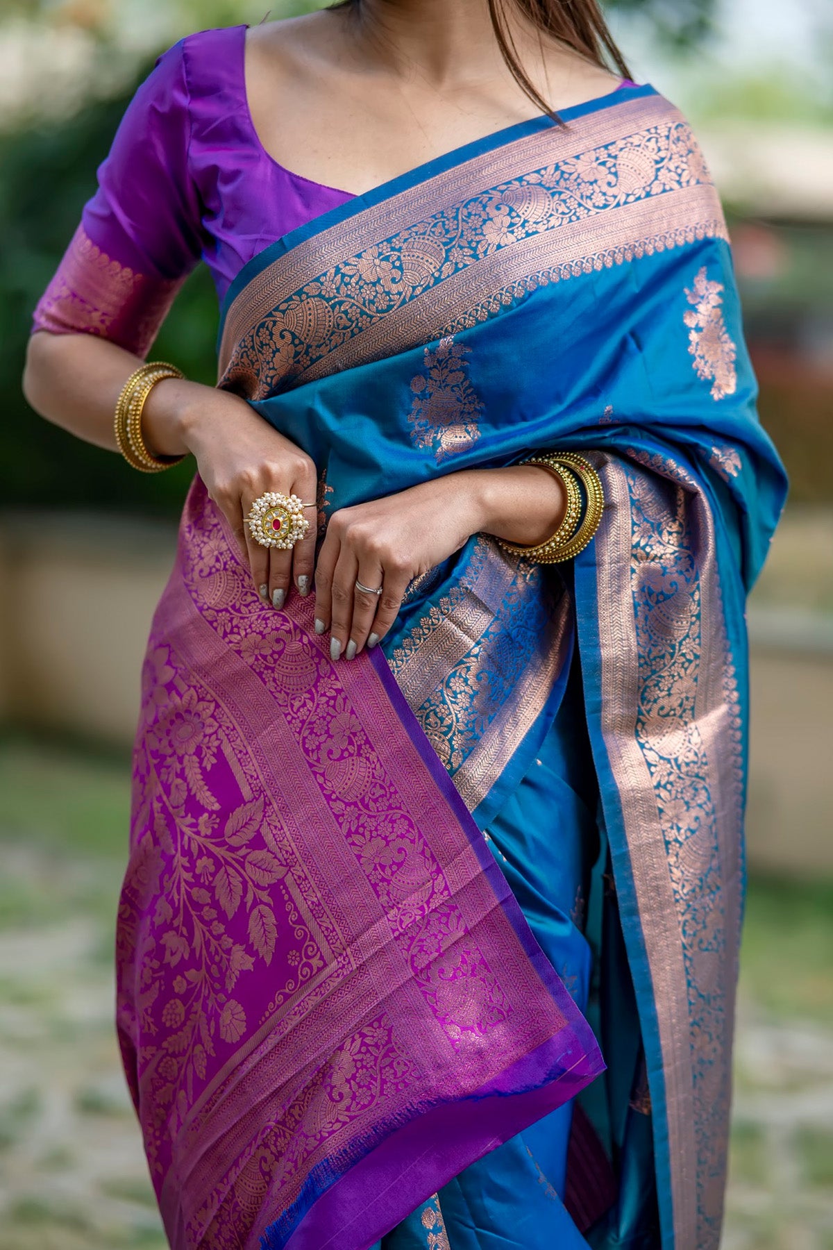 Blue & Wine Banarasi Silk Saree