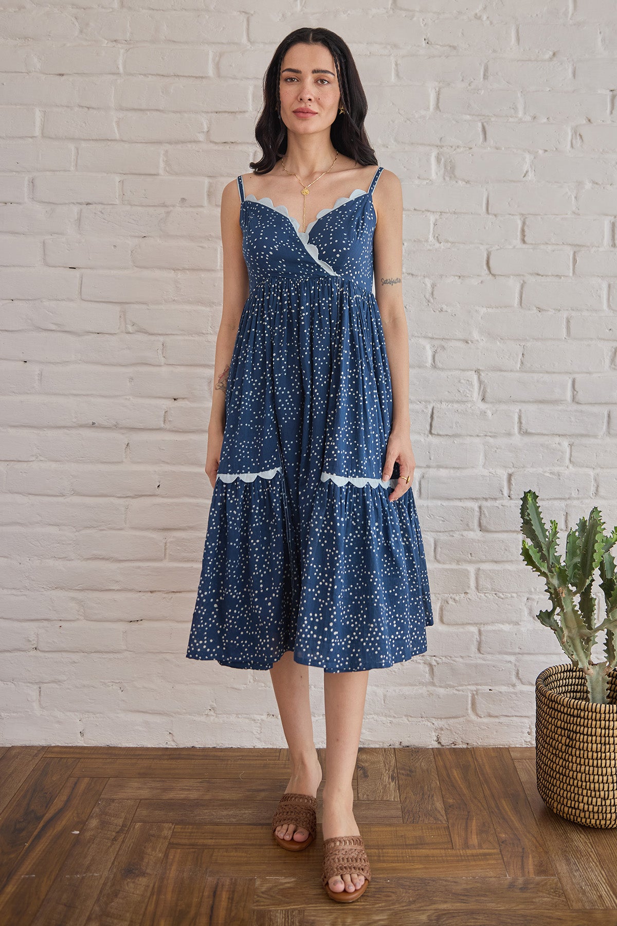 Blue Wrap V-Neck Midi Dress