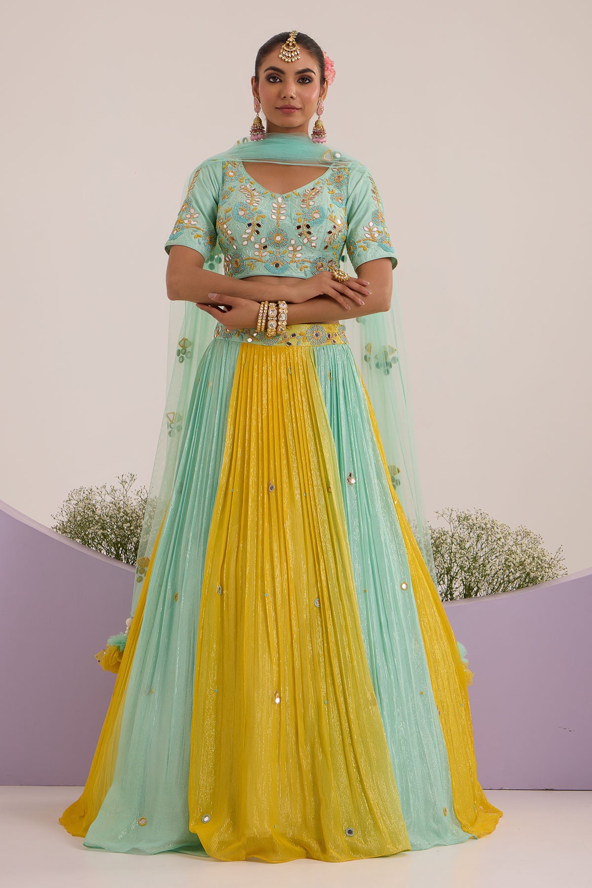 Blue & Yellow Floral Lehenga Set