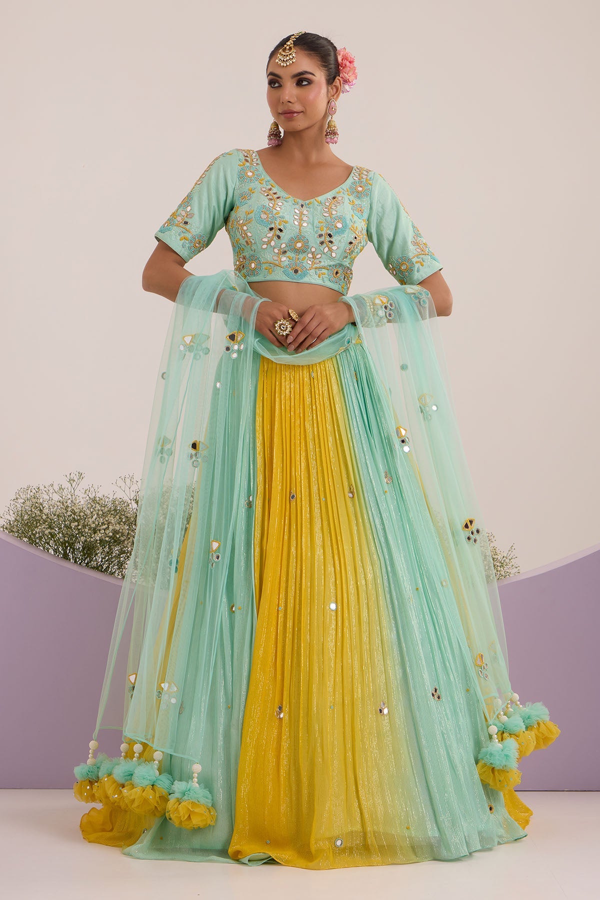 Buy Blue & Yellow Floral Lehenga Set by Nitisha Kashyap for women online at ScrollnShops