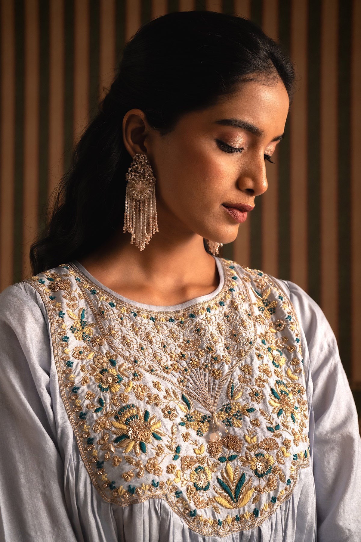 Blue & Yellow Silk Anarkali Set